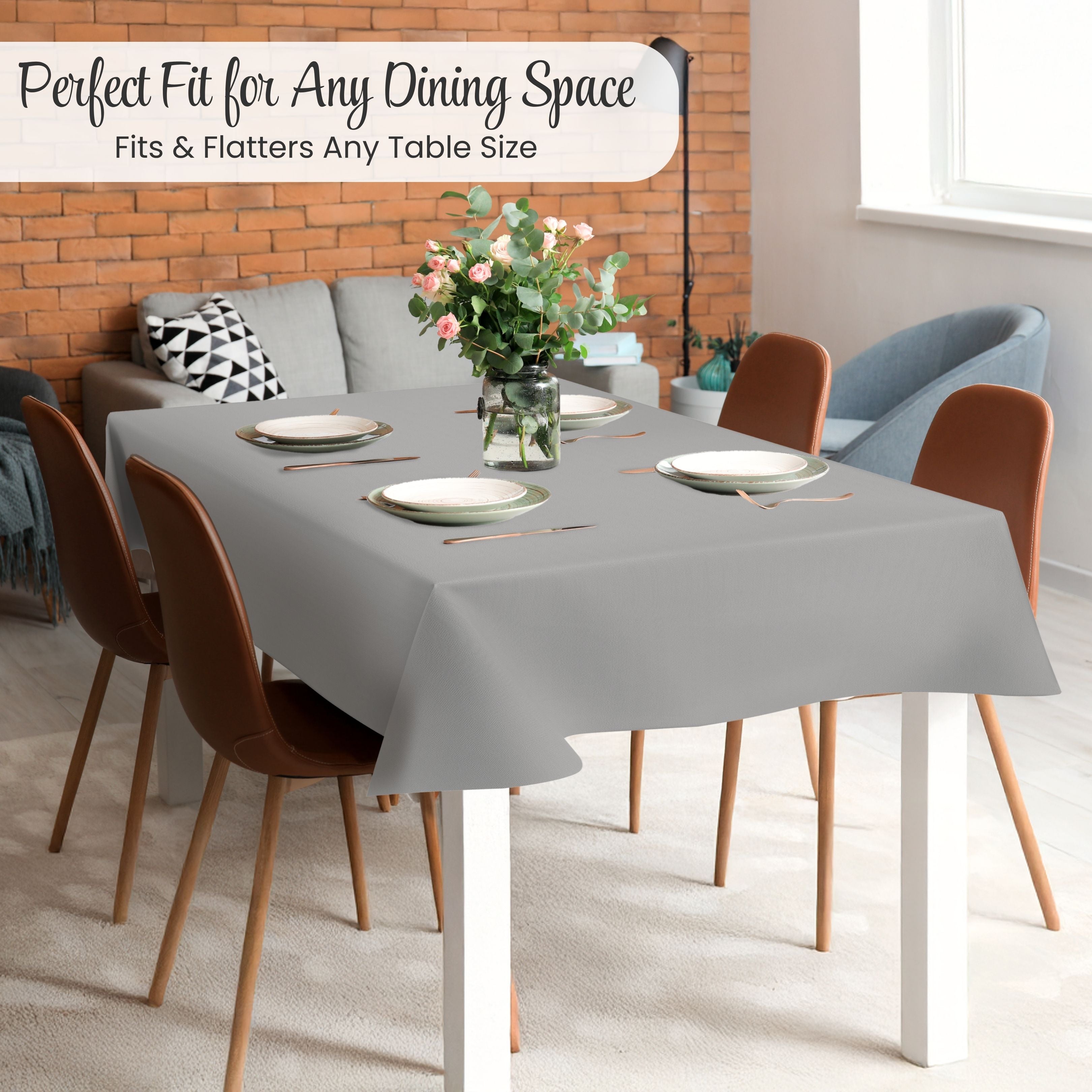 KP Home Grey Herringbone PVC Tablecloth – Waterproof Wipeable Plastic Table Cover with Woven Effect – Soft Touch Outdoor Oilcloth