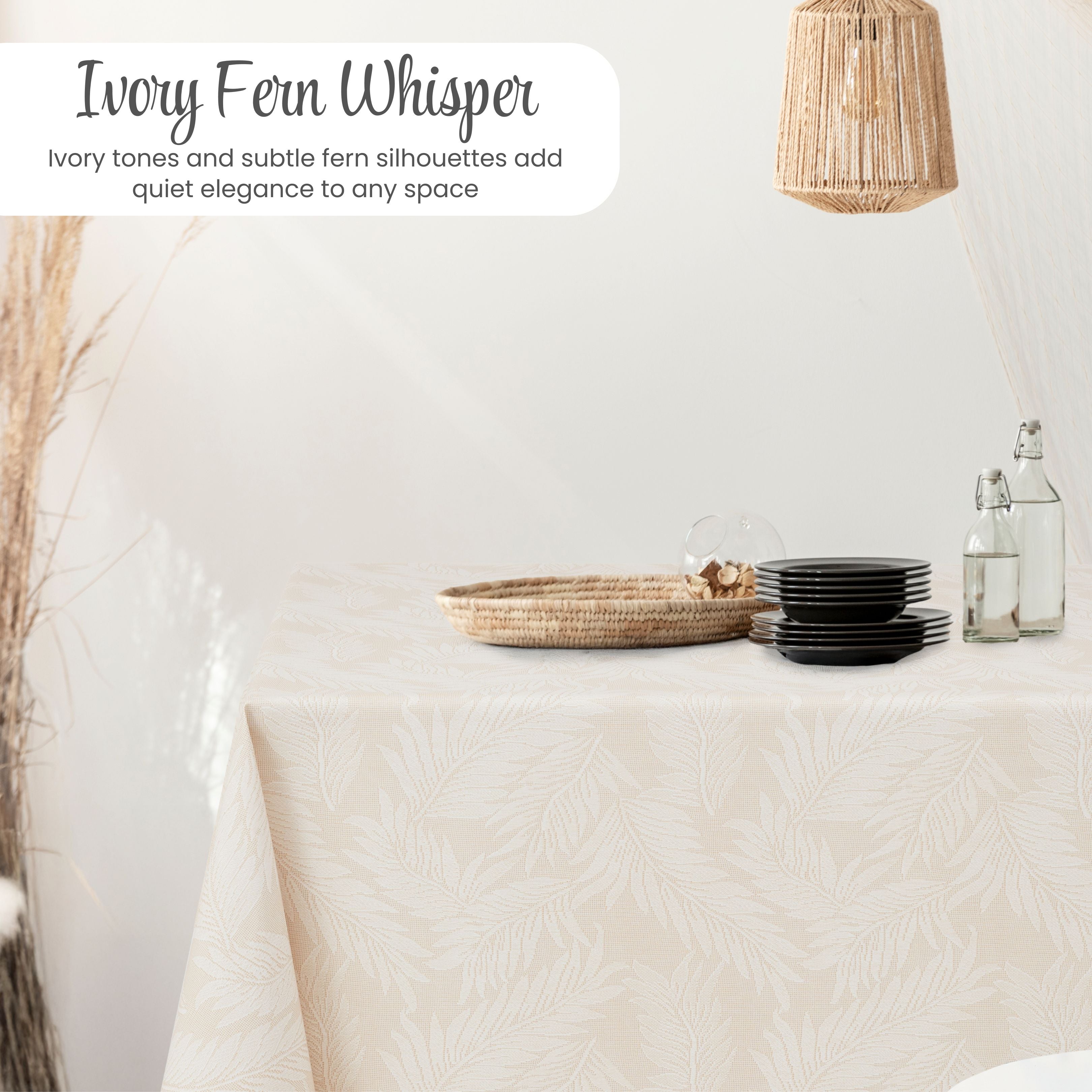 KP Home Ivory PVC Table Cloth Wipe Clean With White Fern Leaves - Wipeable Plastic Waterproof Table Cover with Soft Touch Feel in Cream Beige
