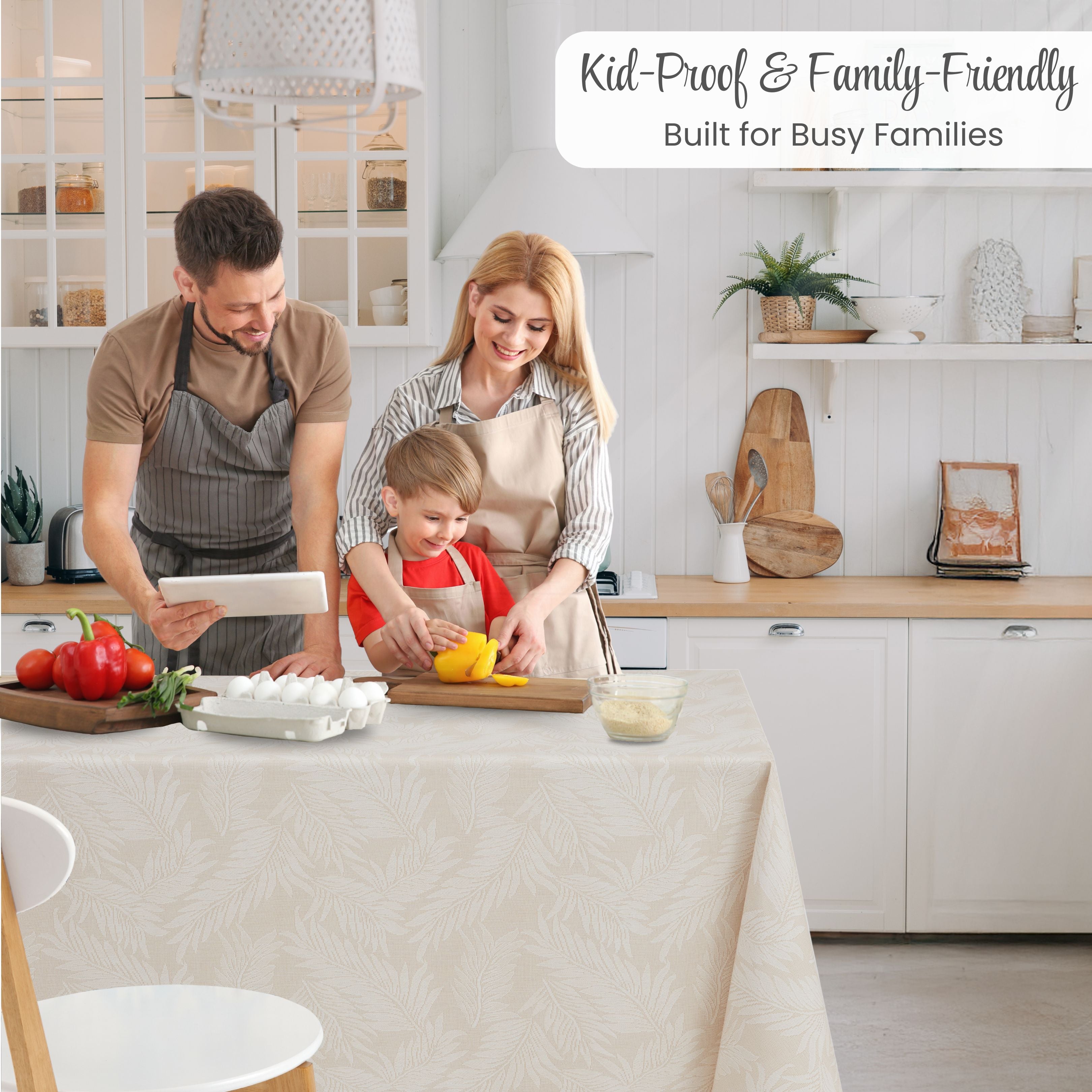 KP Home Ivory PVC Table Cloth Wipe Clean With White Fern Leaves - Wipeable Plastic Waterproof Table Cover with Soft Touch Feel in Cream Beige