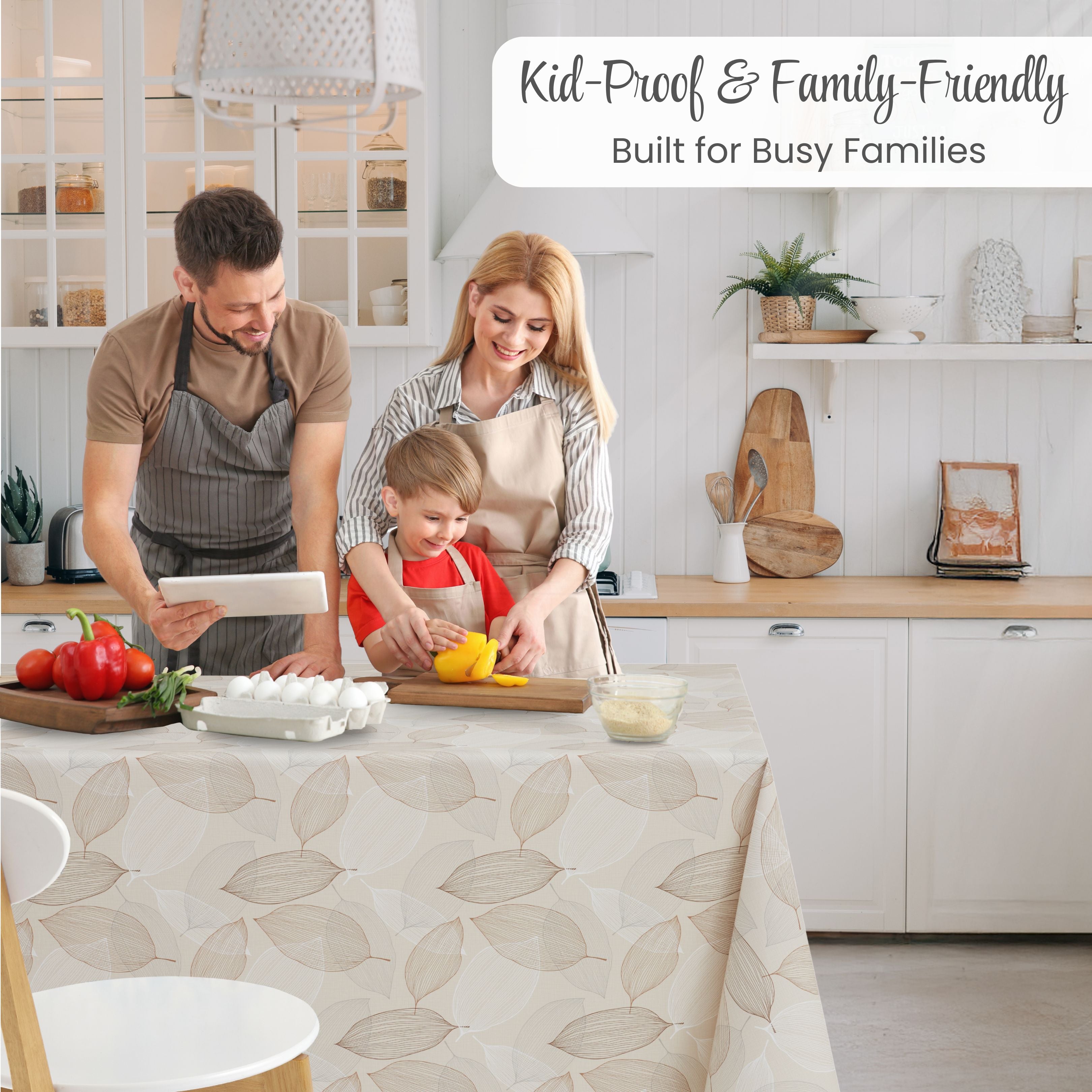 KP Home Beige Wipe Clean Tablecloth – Waterproof Plastic Table Cover with Linen Effect – Soft Touch PVC Outdoor Oilcloth with Whisper Leaves Design