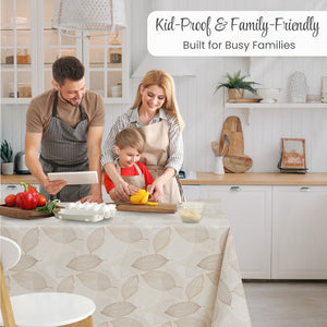 KP Home Beige Wipe Clean Tablecloth – Waterproof Plastic Table Cover with Linen Effect – Soft Touch PVC Outdoor Oilcloth with Whisper Leaves Design