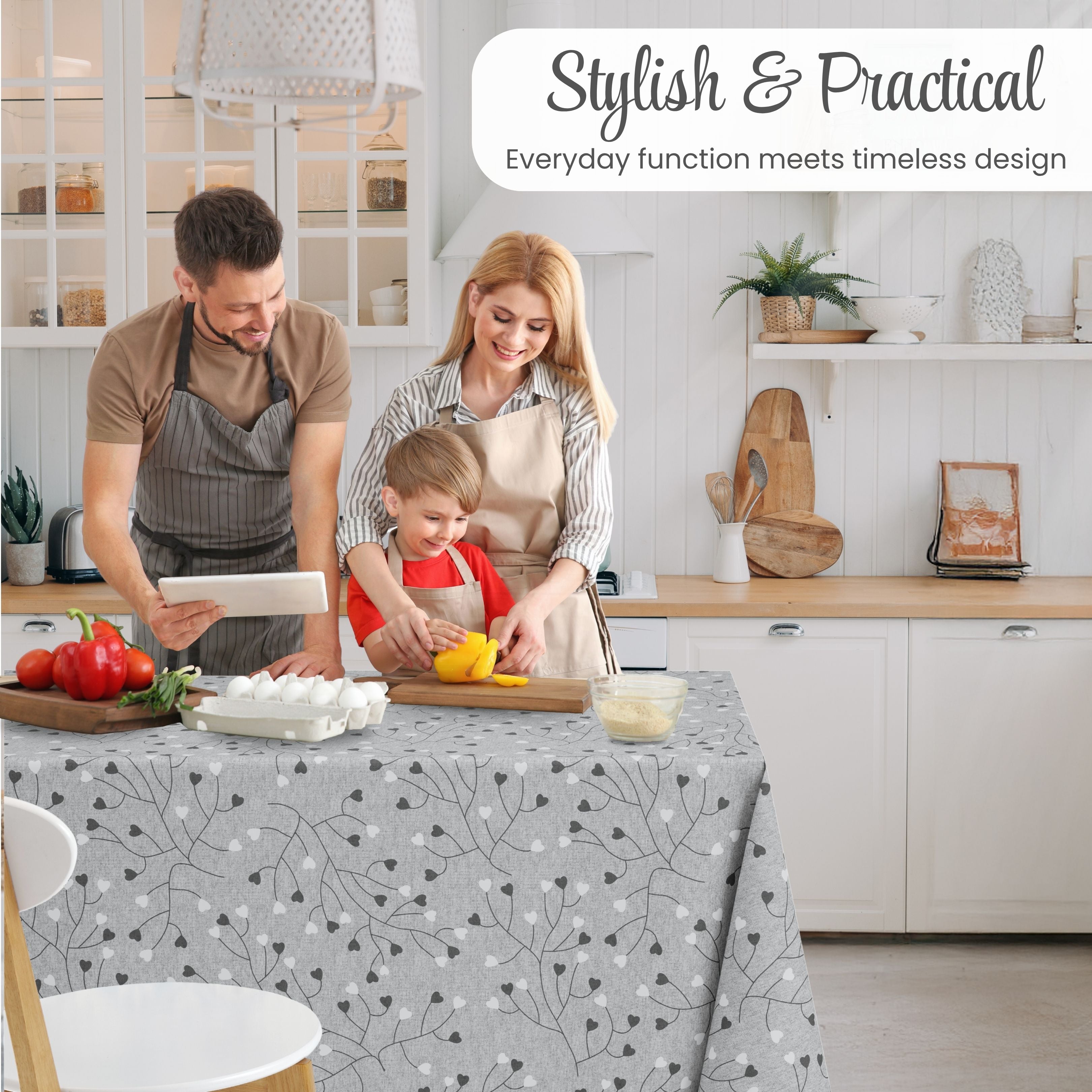 KP Home Grey PVC Table Cloth Wipe Clean – Soft Touch Wipeable Plastic Tablecloth with Linen Effect, Waterproof Table Cove - Black & White Heart Vines