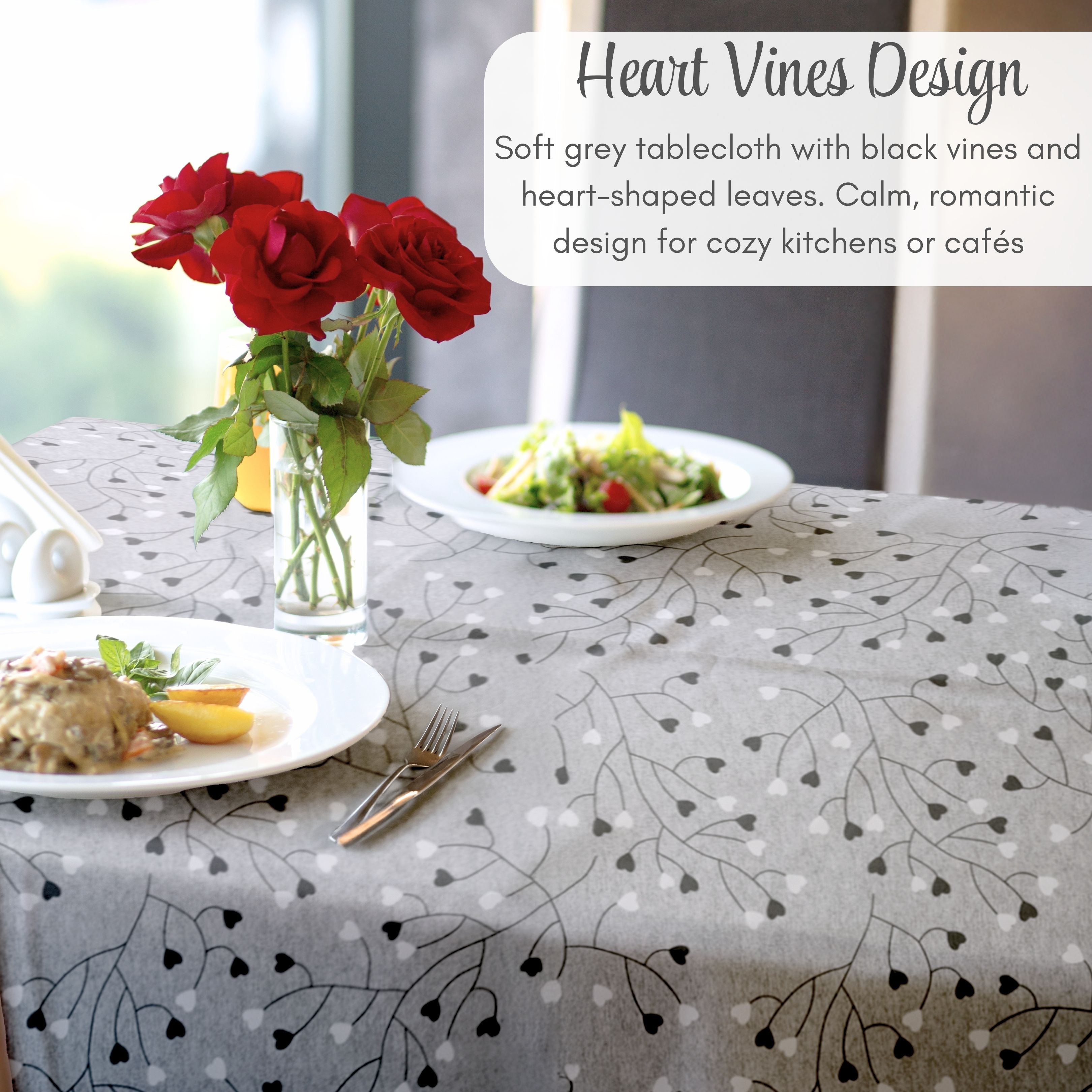 KP Home Grey PVC Table Cloth Wipe Clean – Soft Touch Wipeable Plastic Tablecloth with Linen Effect, Waterproof Table Cove - Black & White Heart Vines