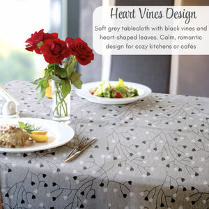 KP Home Grey PVC Table Cloth Wipe Clean – Soft Touch Wipeable Plastic Tablecloth with Linen Effect, Waterproof Table Cove - Black & White Heart Vines