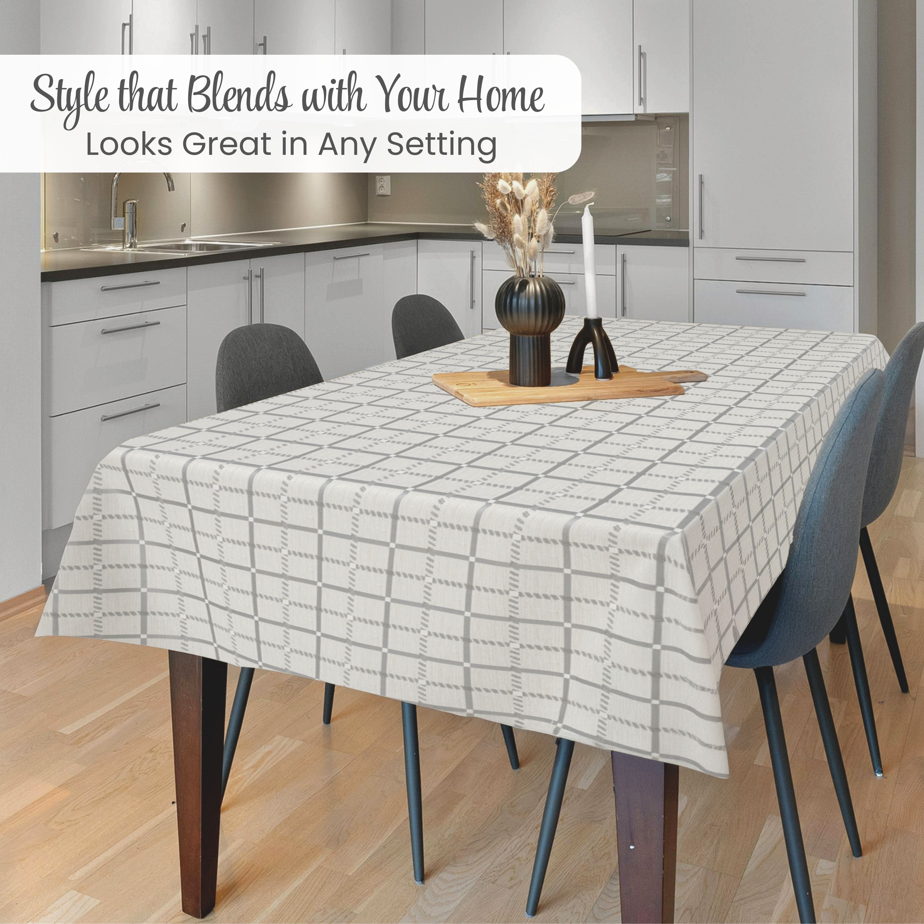 Beige PVC Tablecloth – Waterproof Wipeable Plastic Table Cover with Linen Effect – Soft Touch Oilcloth in Grey Checkered Grid Design