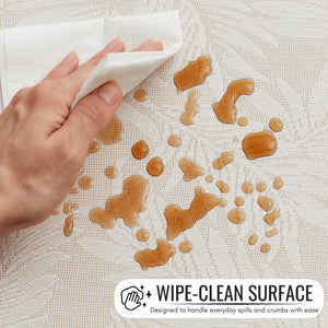 KP Home Ivory PVC Table Cloth Wipe Clean With White Fern Leaves - Wipeable Plastic Waterproof Table Cover with Soft Touch Feel in Cream Beige