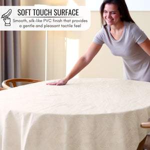 KP Home Ivory PVC Table Cloth Wipe Clean With White Fern Leaves - Wipeable Plastic Waterproof Table Cover with Soft Touch Feel in Cream Beige