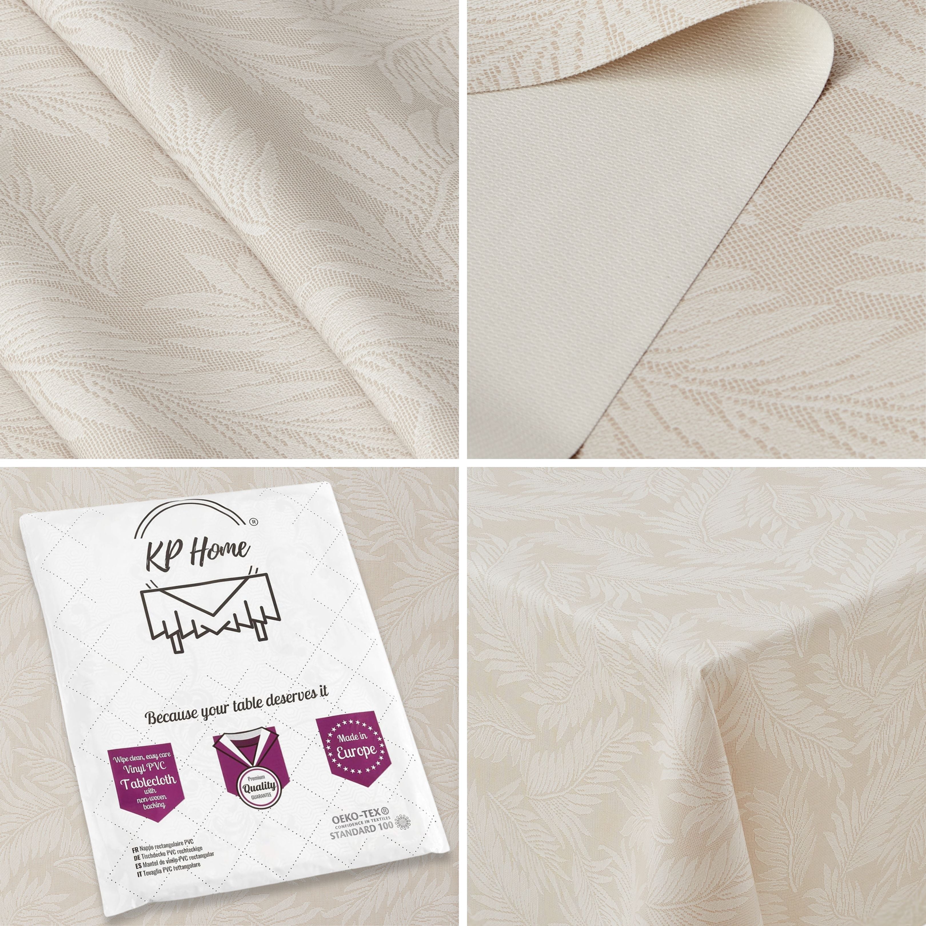 KP Home Ivory PVC Table Cloth Wipe Clean With White Fern Leaves - Wipeable Plastic Waterproof Table Cover with Soft Touch Feel in Cream Beige
