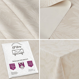 KP Home Ivory PVC Table Cloth Wipe Clean With White Fern Leaves - Wipeable Plastic Waterproof Table Cover with Soft Touch Feel in Cream Beige