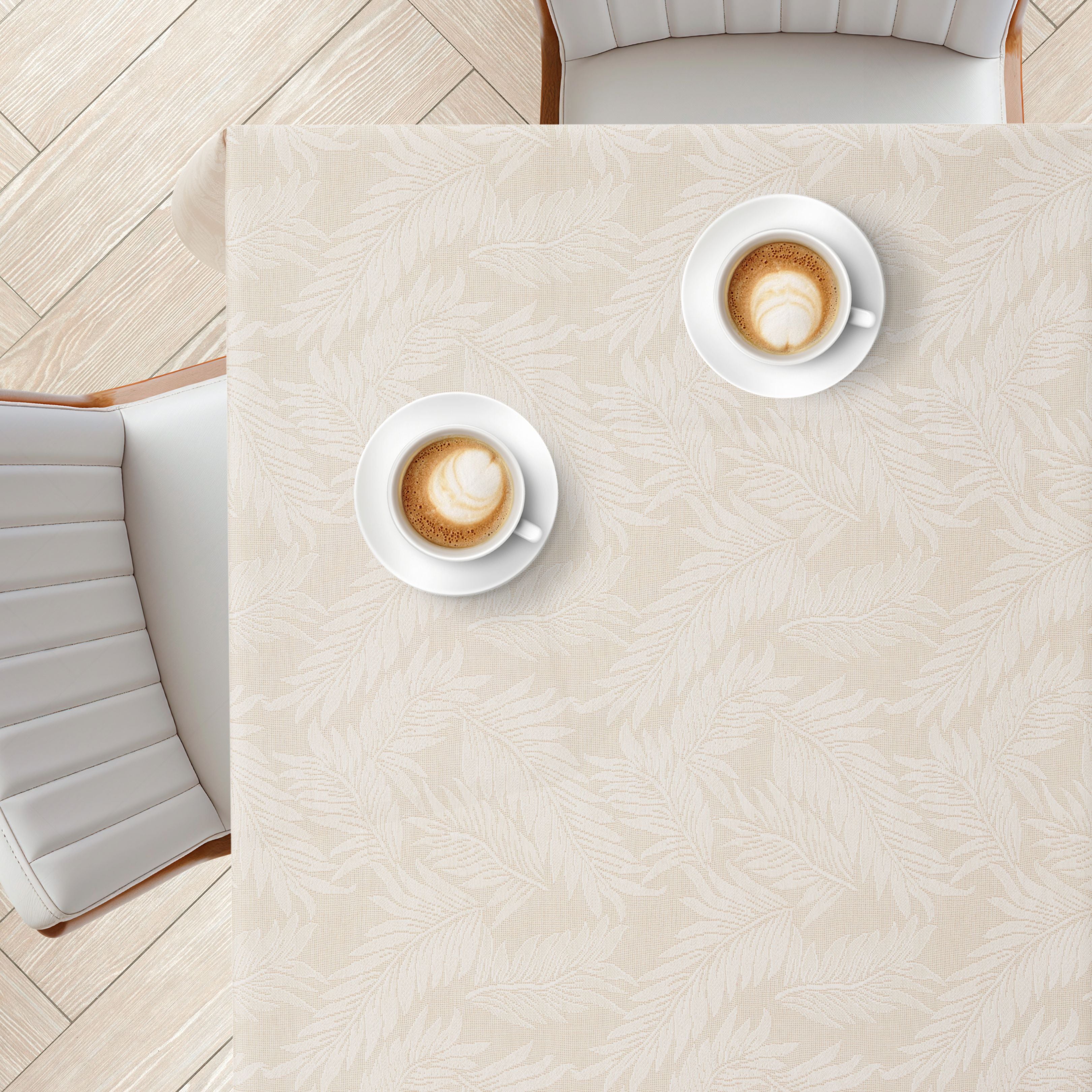 KP Home Ivory PVC Table Cloth Wipe Clean With White Fern Leaves - Wipeable Plastic Waterproof Table Cover with Soft Touch Feel in Cream Beige
