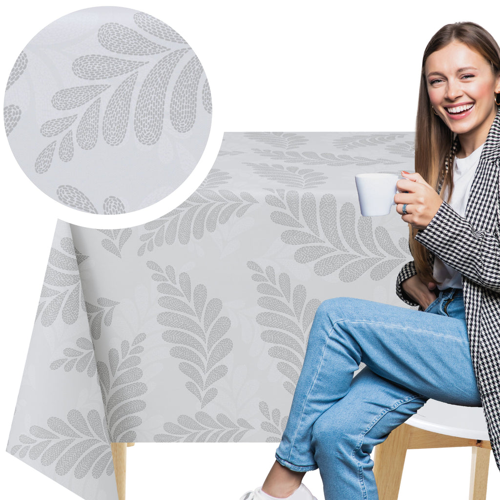KP Home Soft Touch Ivory Wipe Clean Tablecloth with Taupe Grey Pebble Fern Design – Waterproof PVC Oilcloth with Linen Effect, Outdoor