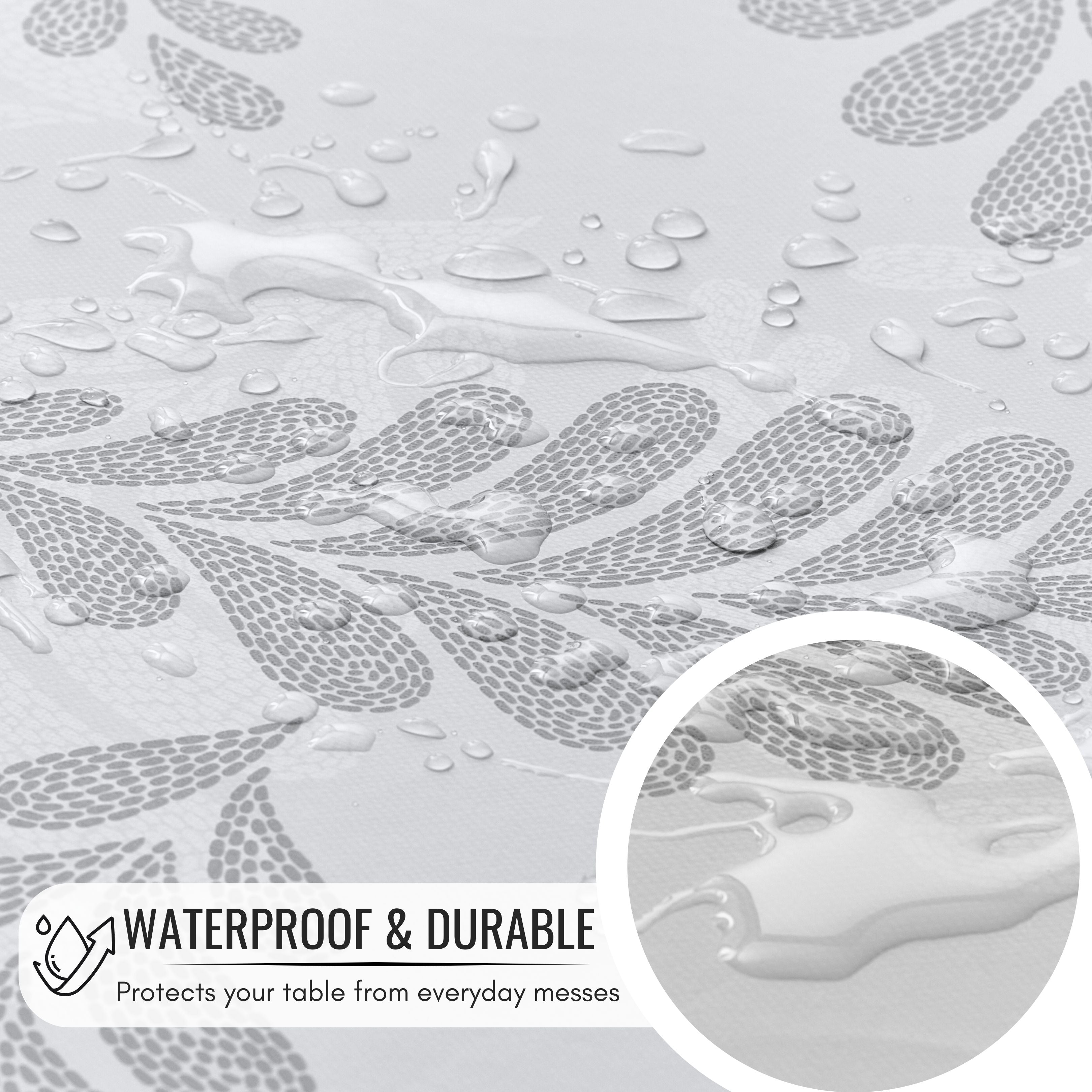 KP Home Soft Touch Ivory Wipe Clean Tablecloth with Taupe Grey Pebble Fern Design – Waterproof PVC Oilcloth with Linen Effect, Outdoor