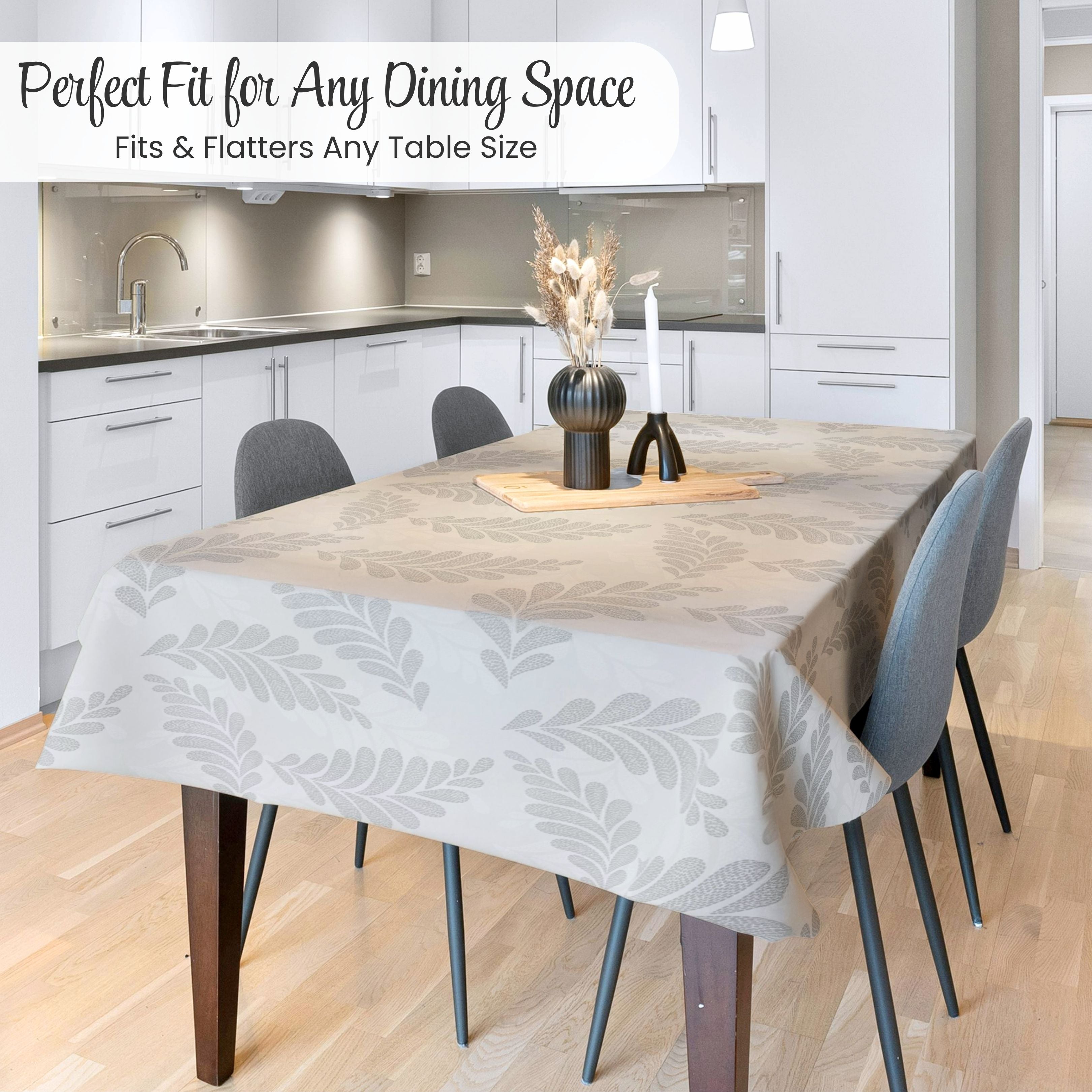 KP Home Soft Touch Ivory Wipe Clean Tablecloth with Taupe Grey Pebble Fern Design – Waterproof PVC Oilcloth with Linen Effect, Outdoor