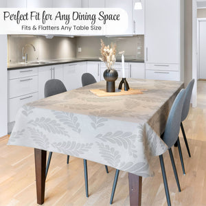 KP Home Soft Touch Ivory Wipe Clean Tablecloth with Taupe Grey Pebble Fern Design – Waterproof PVC Oilcloth with Linen Effect, Outdoor