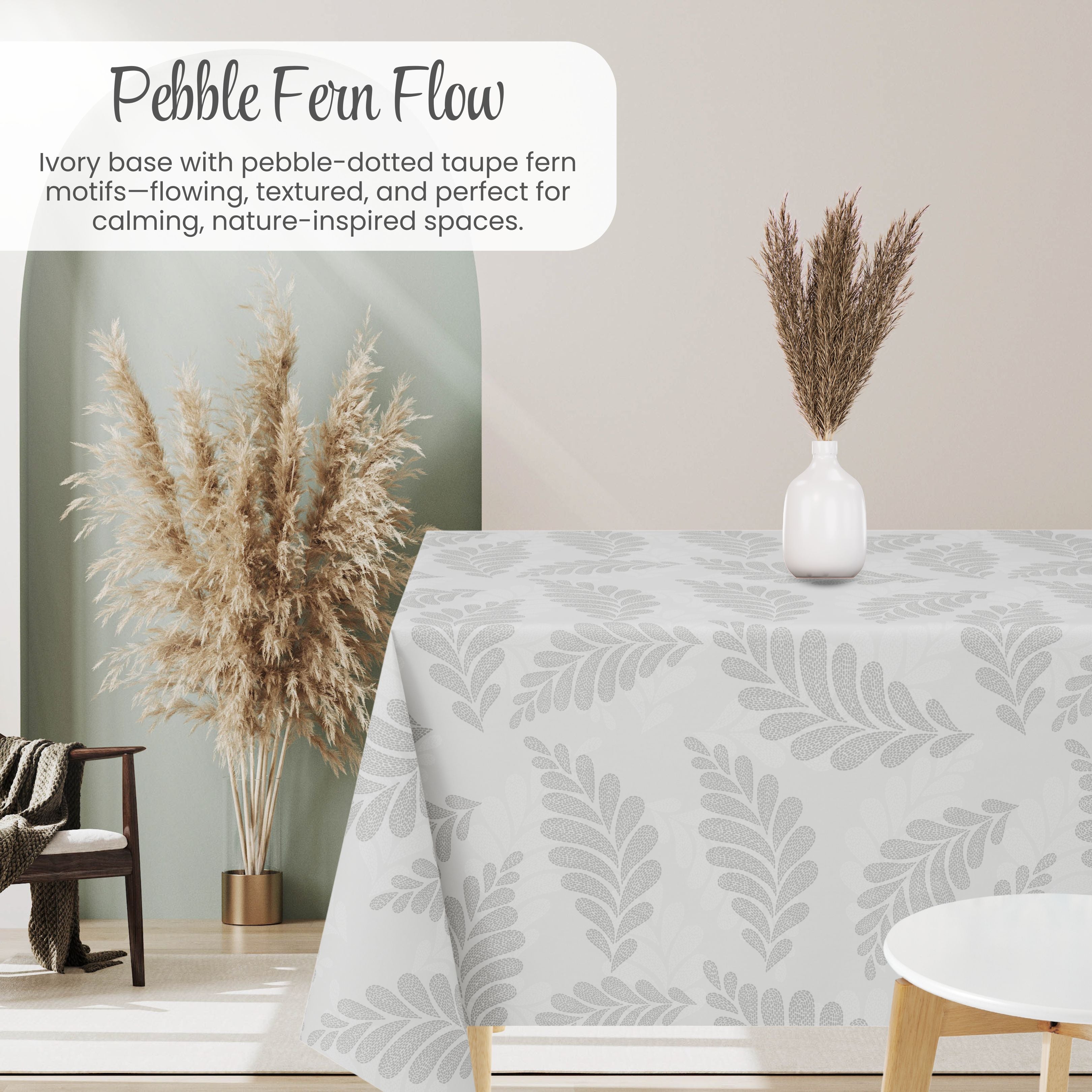 KP Home Soft Touch Ivory Wipe Clean Tablecloth with Taupe Grey Pebble Fern Design – Waterproof PVC Oilcloth with Linen Effect, Outdoor