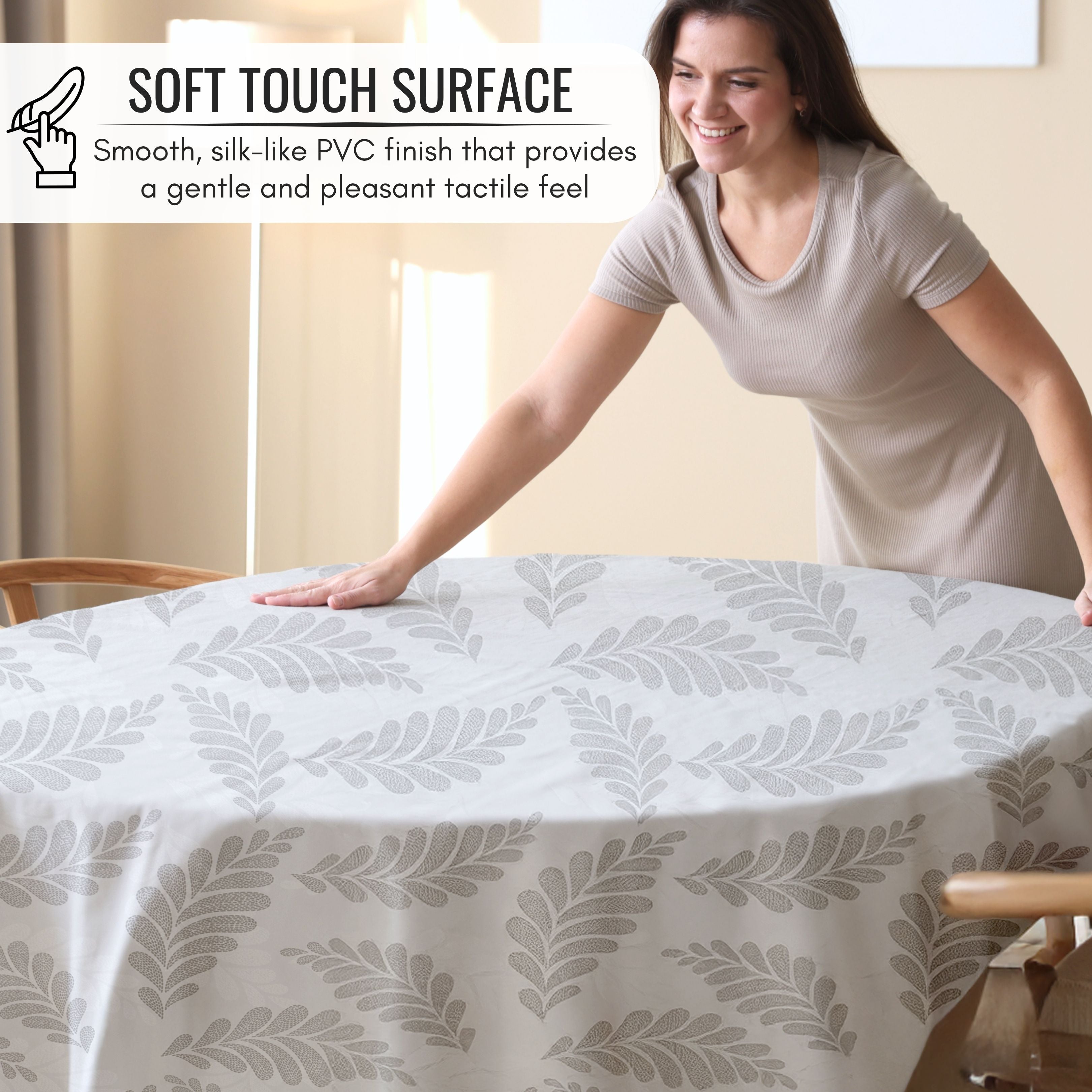 KP Home Soft Touch Ivory Wipe Clean Tablecloth with Taupe Grey Pebble Fern Design – Waterproof PVC Oilcloth with Linen Effect, Outdoor