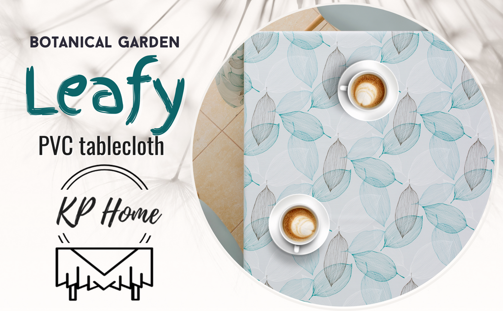 Wipe Clean Vinyl Tablecloth With Grey And Teal Leaves Design