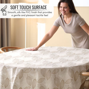 KP Home Beige Wipe Clean Tablecloth – Waterproof Plastic Table Cover with Linen Effect – Soft Touch PVC Outdoor Oilcloth with Whisper Leaves Design