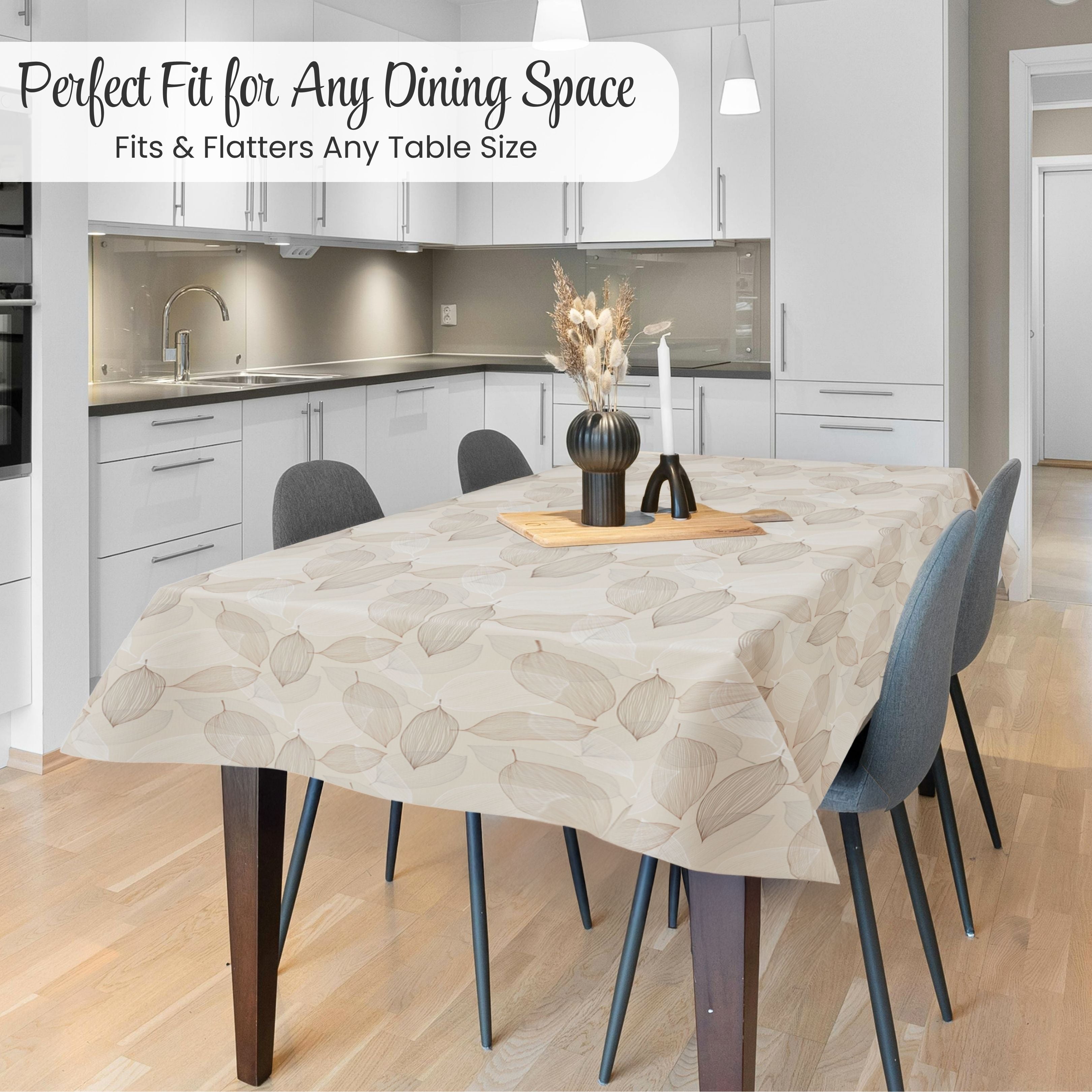 KP Home Beige Wipe Clean Tablecloth – Waterproof Plastic Table Cover with Linen Effect – Soft Touch PVC Outdoor Oilcloth with Whisper Leaves Design