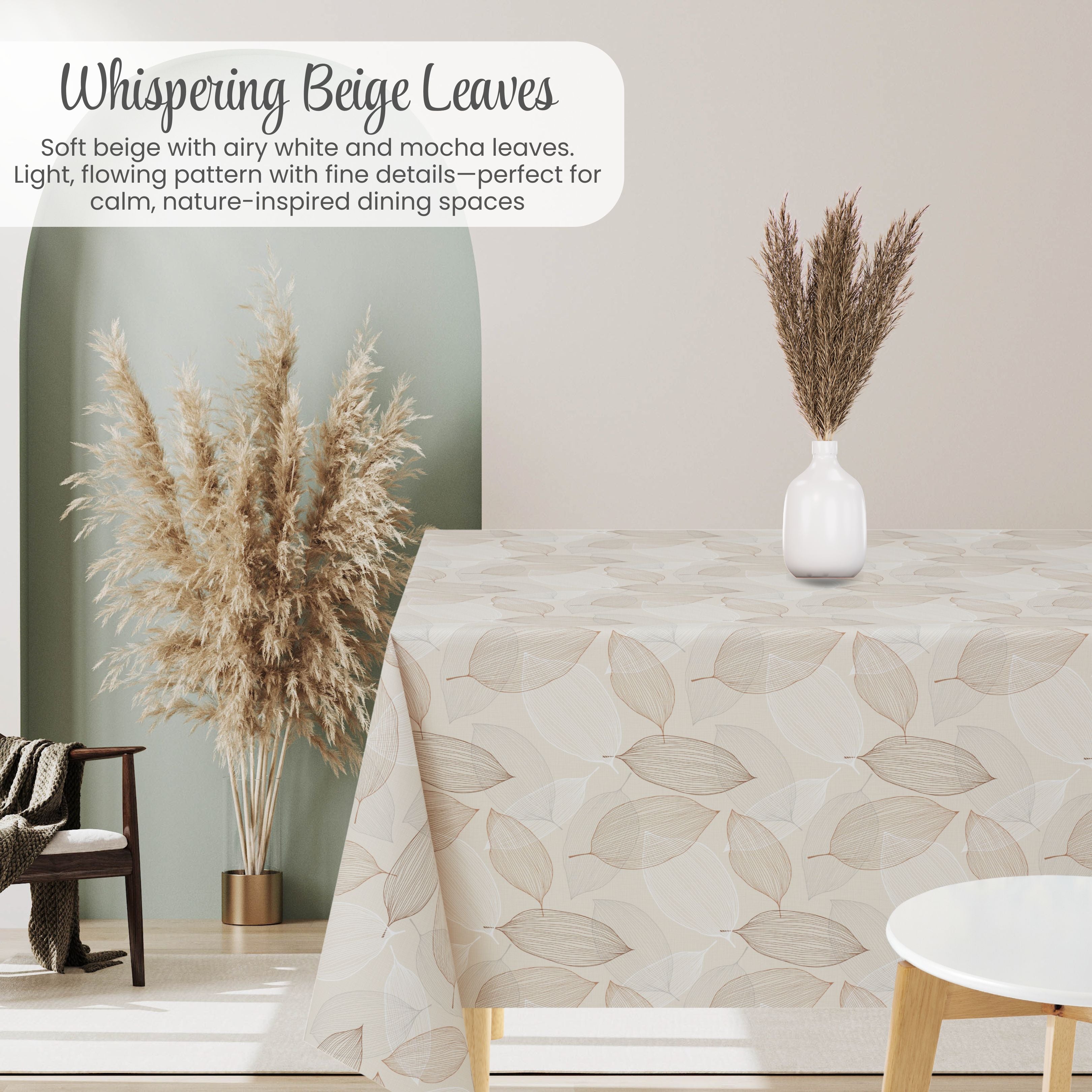 KP Home Beige Wipe Clean Tablecloth – Waterproof Plastic Table Cover with Linen Effect – Soft Touch PVC Outdoor Oilcloth with Whisper Leaves Design