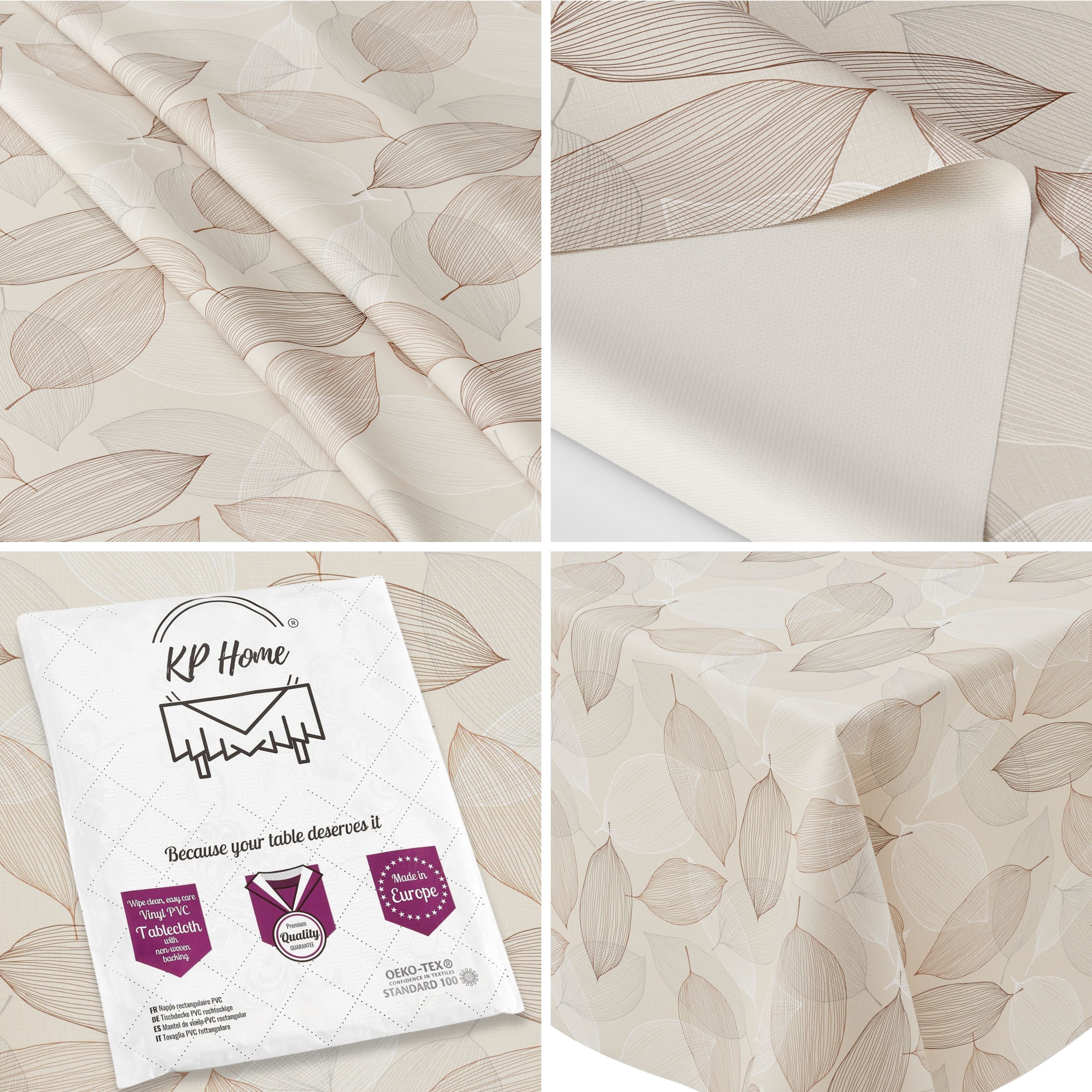 KP Home Beige Wipe Clean Tablecloth – Waterproof Plastic Table Cover with Linen Effect – Soft Touch PVC Outdoor Oilcloth with Whisper Leaves Design