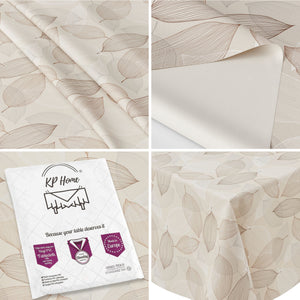 KP Home Beige Wipe Clean Tablecloth – Waterproof Plastic Table Cover with Linen Effect – Soft Touch PVC Outdoor Oilcloth with Whisper Leaves Design