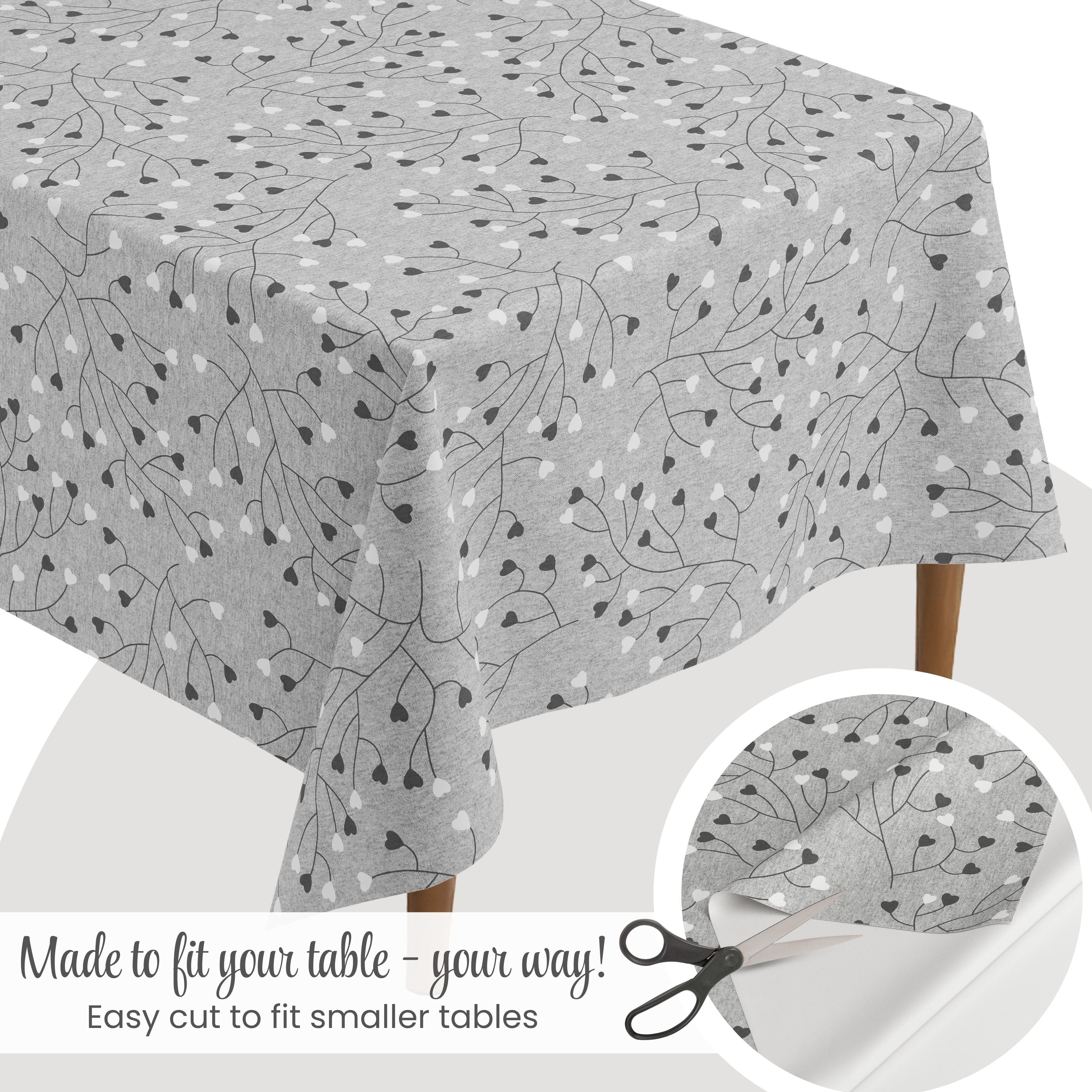 KP Home Grey PVC Table Cloth Wipe Clean – Soft Touch Wipeable Plastic Tablecloth with Linen Effect, Waterproof Table Cove - Black & White Heart Vines