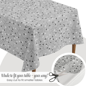 KP Home Grey PVC Table Cloth Wipe Clean – Soft Touch Wipeable Plastic Tablecloth with Linen Effect, Waterproof Table Cove - Black & White Heart Vines
