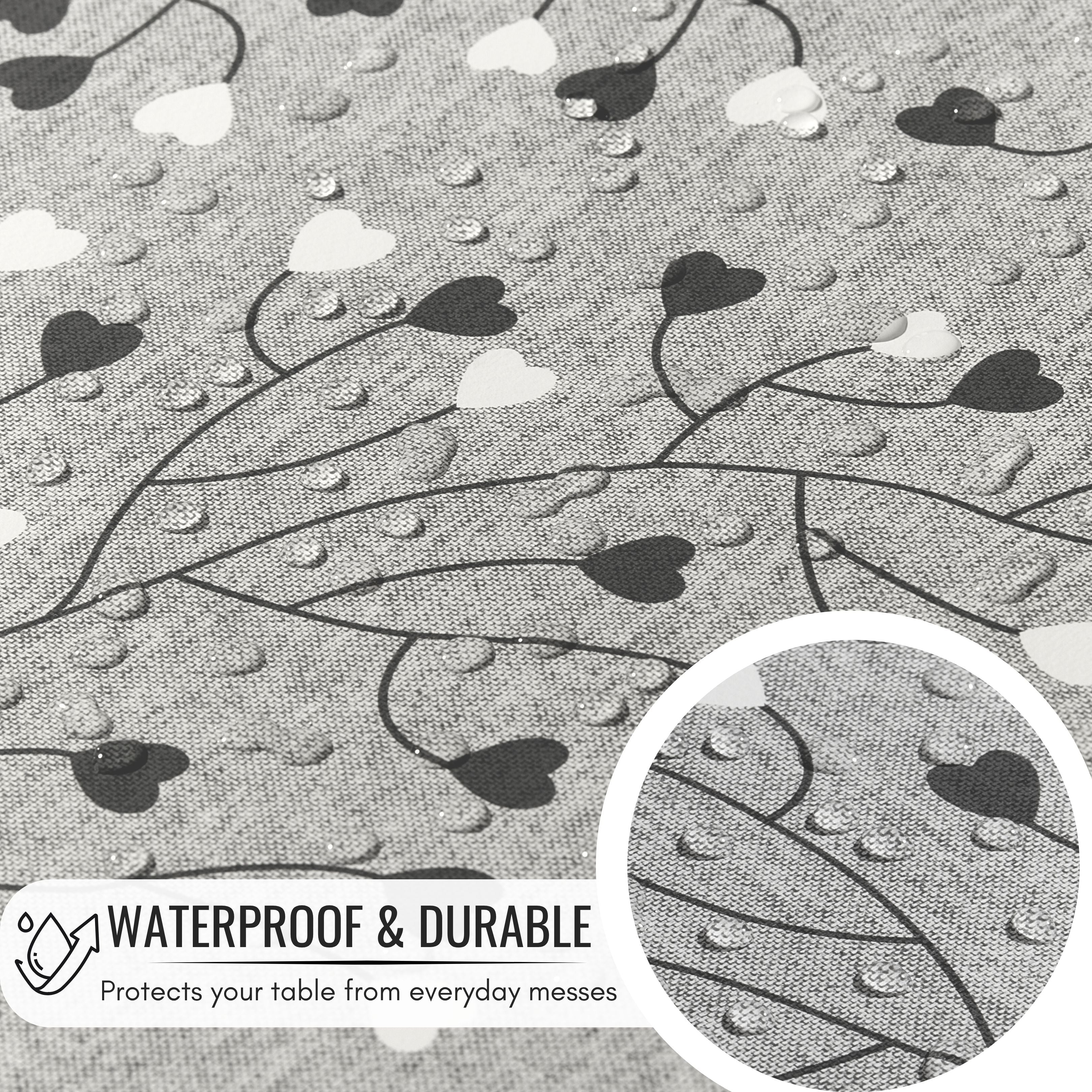 KP Home Grey PVC Table Cloth Wipe Clean – Soft Touch Wipeable Plastic Tablecloth with Linen Effect, Waterproof Table Cove - Black & White Heart Vines