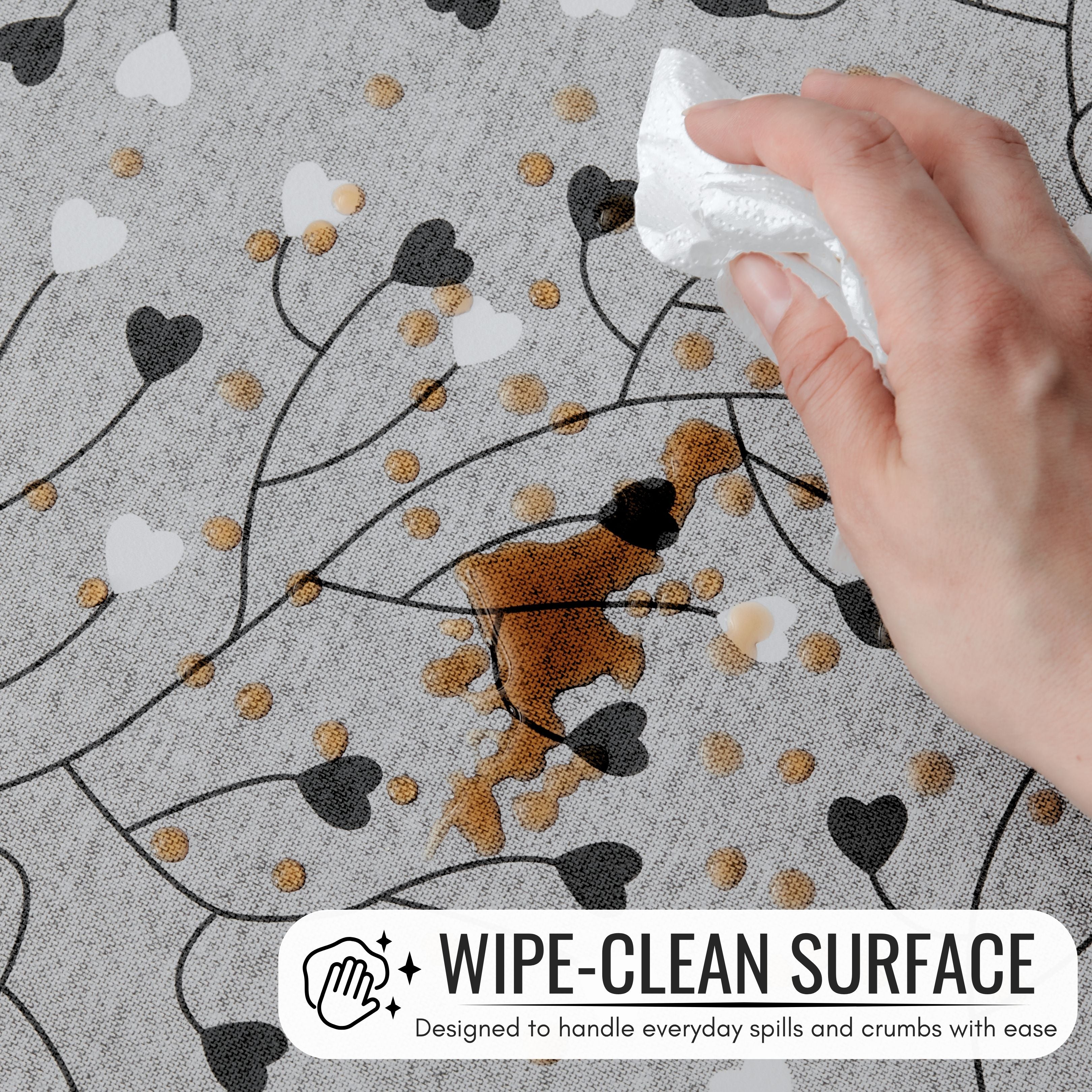 KP Home Grey PVC Table Cloth Wipe Clean – Soft Touch Wipeable Plastic Tablecloth with Linen Effect, Waterproof Table Cove - Black & White Heart Vines