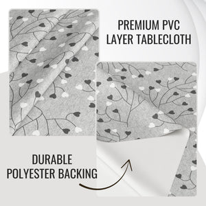 KP Home Grey PVC Table Cloth Wipe Clean – Soft Touch Wipeable Plastic Tablecloth with Linen Effect, Waterproof Table Cove - Black & White Heart Vines