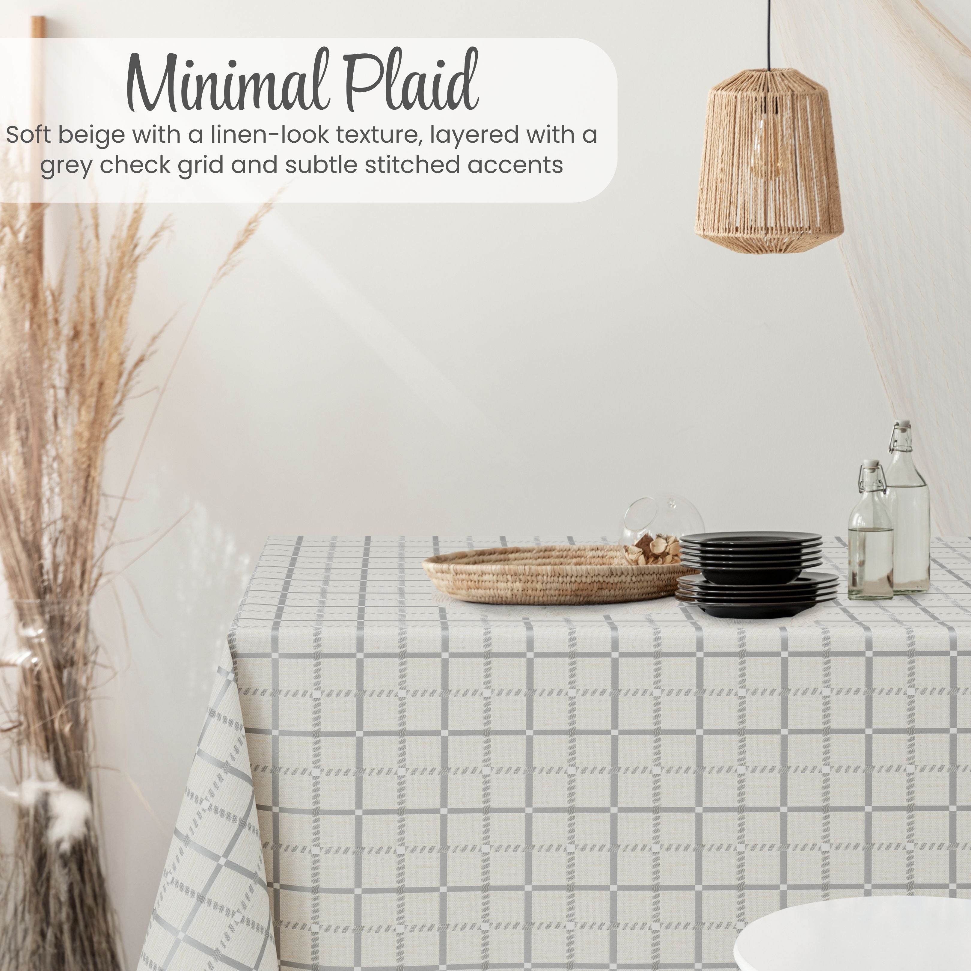 Beige PVC Tablecloth – Waterproof Wipeable Plastic Table Cover with Linen Effect – Soft Touch Oilcloth in Grey Checkered Grid Design