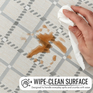 Beige PVC Tablecloth – Waterproof Wipeable Plastic Table Cover with Linen Effect – Soft Touch Oilcloth in Grey Checkered Grid Design