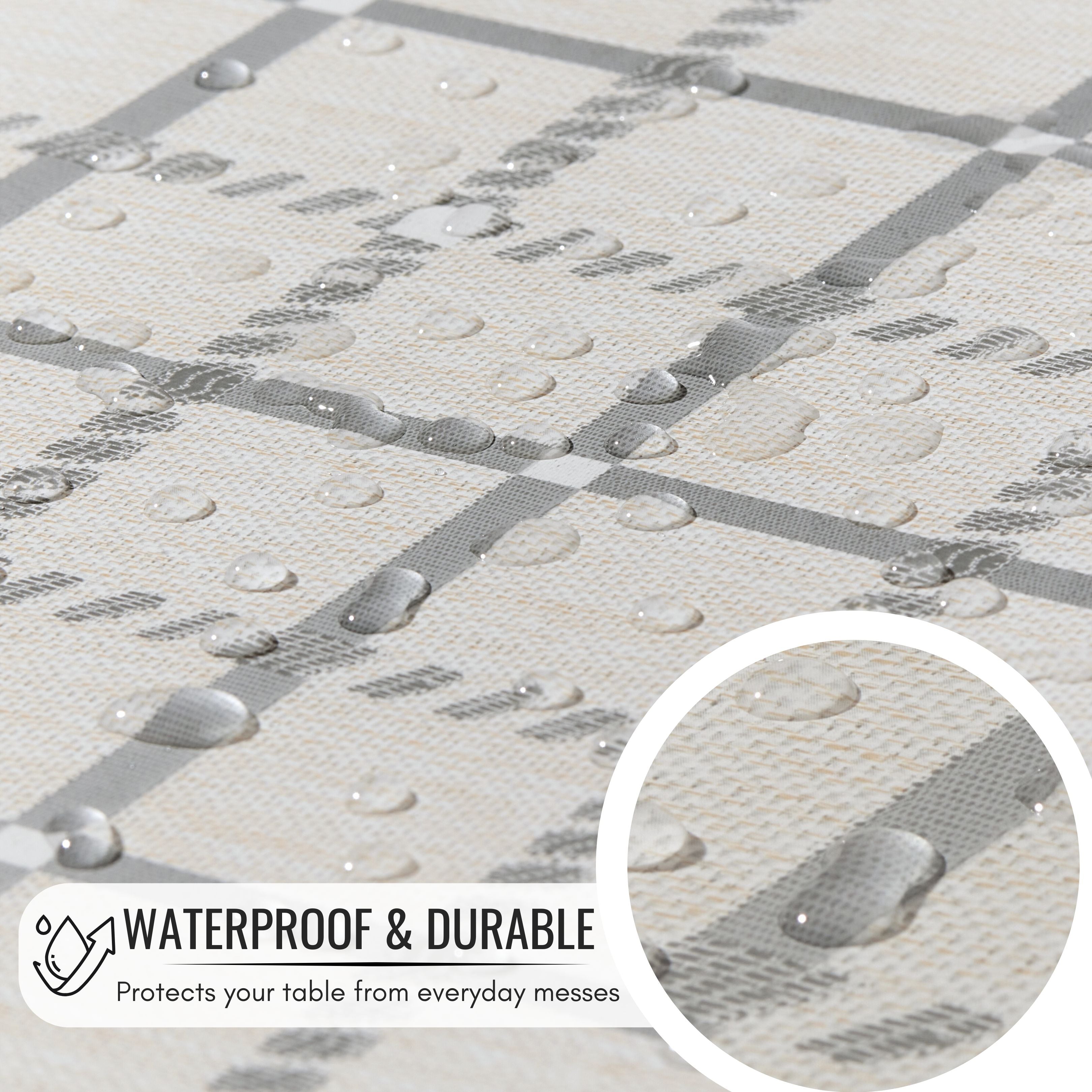 Beige PVC Tablecloth – Waterproof Wipeable Plastic Table Cover with Linen Effect – Soft Touch Oilcloth in Grey Checkered Grid Design