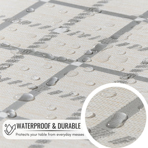 Beige PVC Tablecloth – Waterproof Wipeable Plastic Table Cover with Linen Effect – Soft Touch Oilcloth in Grey Checkered Grid Design