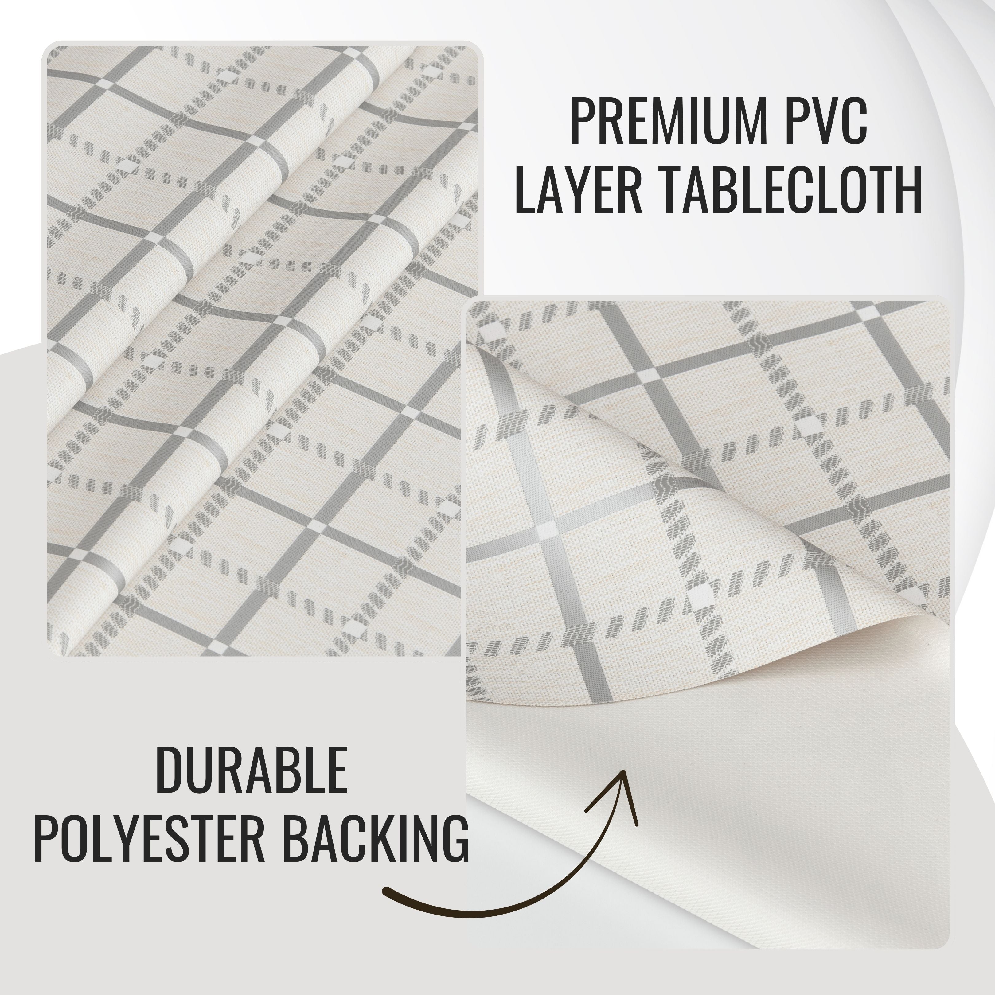 Beige PVC Tablecloth – Waterproof Wipeable Plastic Table Cover with Linen Effect – Soft Touch Oilcloth in Grey Checkered Grid Design