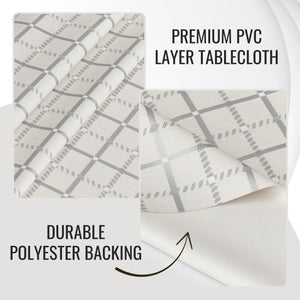 Beige PVC Tablecloth – Waterproof Wipeable Plastic Table Cover with Linen Effect – Soft Touch Oilcloth in Grey Checkered Grid Design