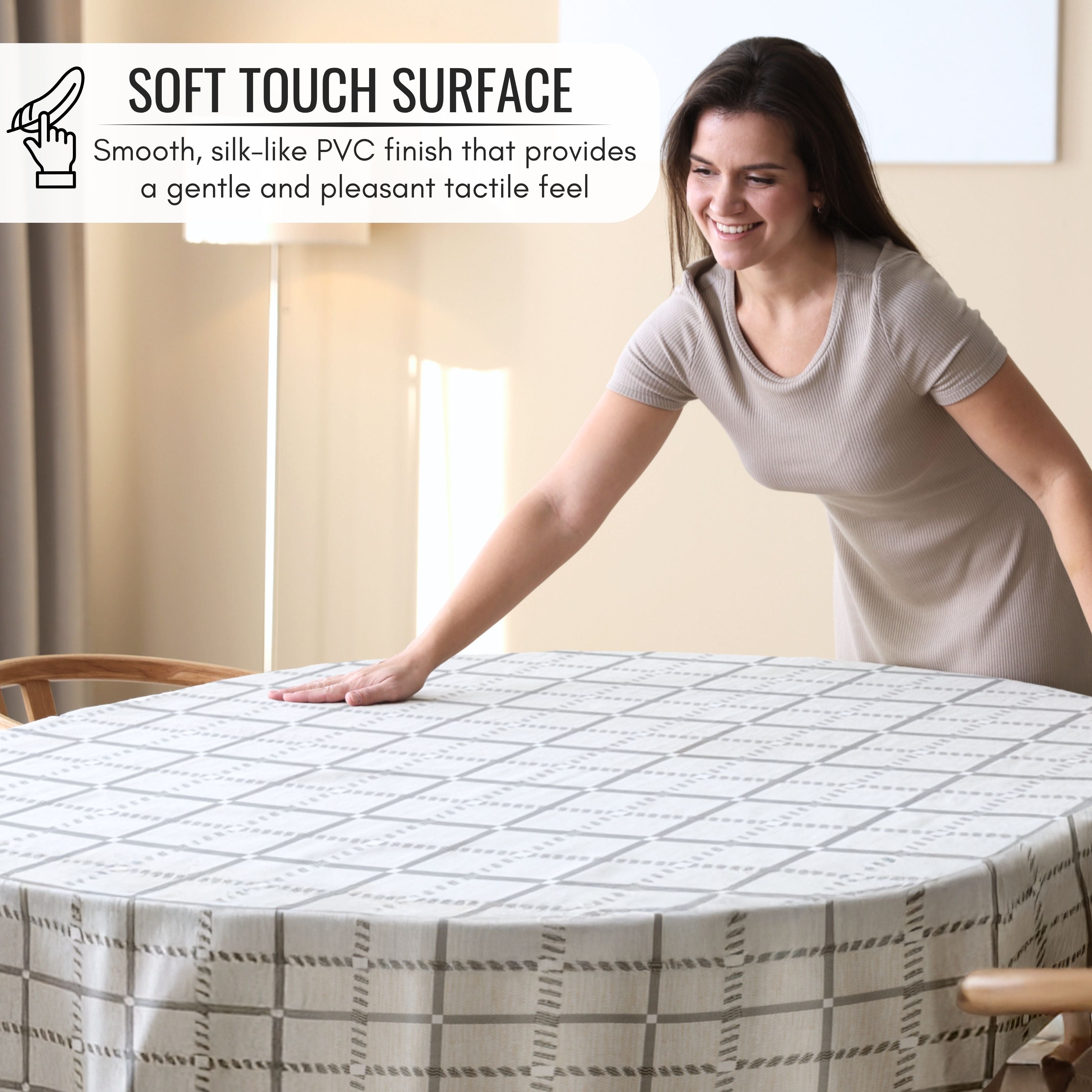 Beige PVC Tablecloth – Waterproof Wipeable Plastic Table Cover with Linen Effect – Soft Touch Oilcloth in Grey Checkered Grid Design