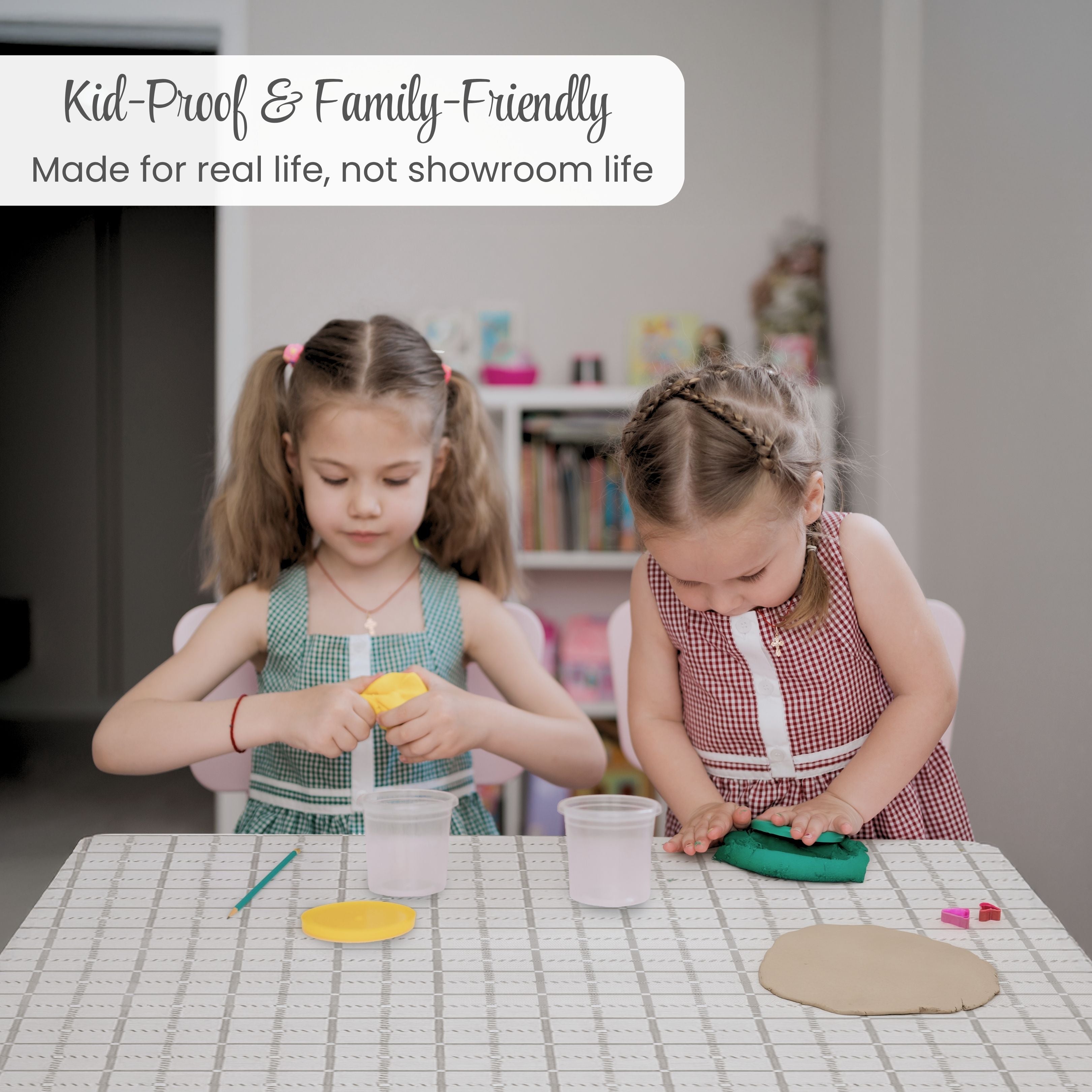 Beige PVC Tablecloth – Waterproof Wipeable Plastic Table Cover with Linen Effect – Soft Touch Oilcloth in Grey Checkered Grid Design