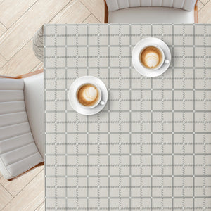 Beige PVC Tablecloth – Waterproof Wipeable Plastic Table Cover with Linen Effect – Soft Touch Oilcloth in Grey Checkered Grid Design