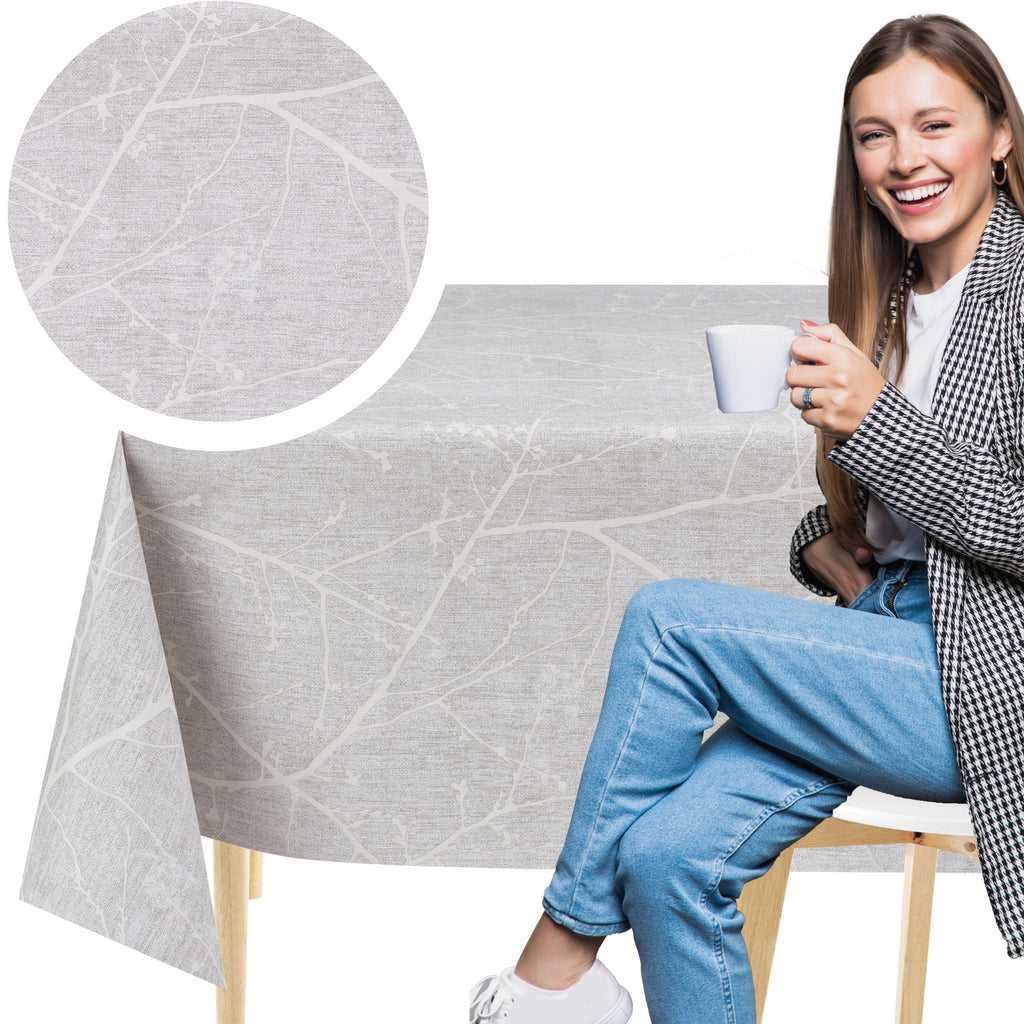 KP Home Grey Serene Tree Branches Pattern  PVC Tablecloth – 200x137cm & 137x137cm Wipe Clean Waterproof Oilcloth for Indoor & Outdoor Use