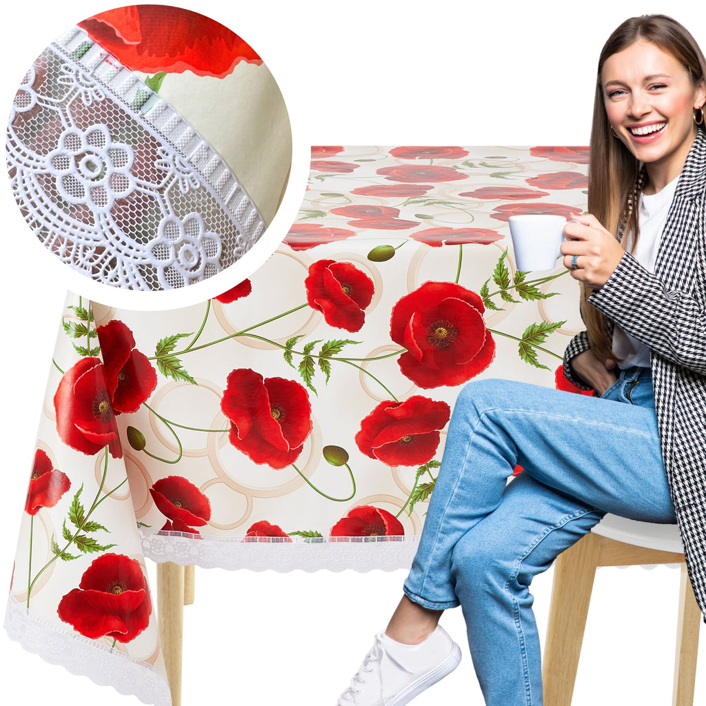 KP HOME Poppy Lace Bloom PVC Tablecloth – 200x140cm Wipe Clean Waterproof Oilcloth for Indoor & Outdoor Use