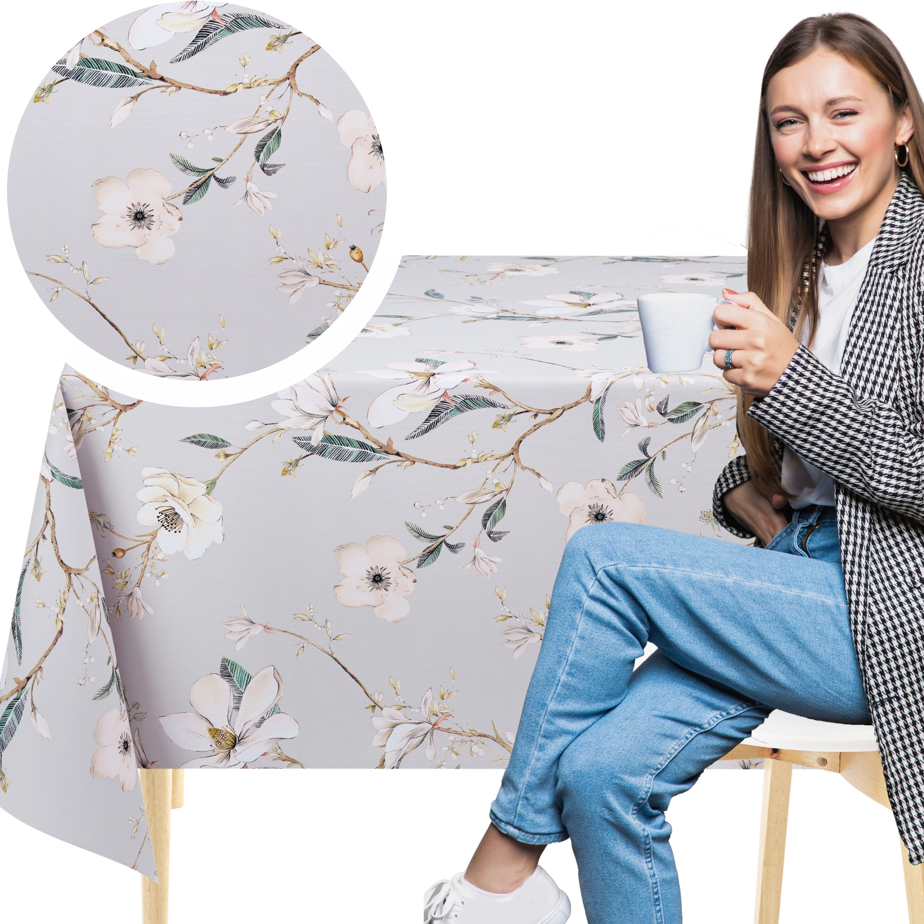 KP Home Petals of Calm Pattern PVC Tablecloth – 200x137cm & 137x137cm Wipe Clean Waterproof Oilcloth for Indoor & Outdoor Use