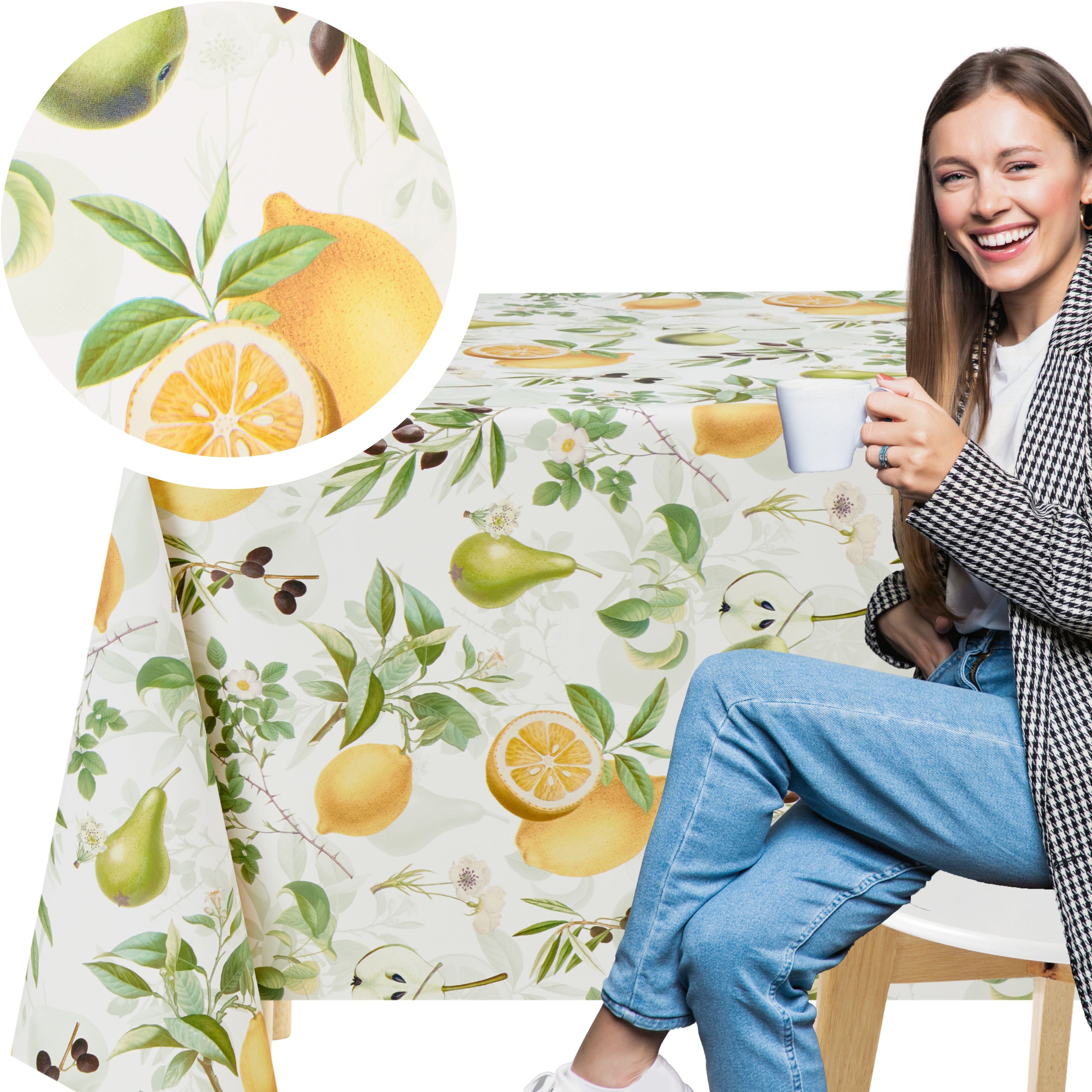 KP HOME Vintage Green PVC Table Cloth Wipe Clean Plastic Table Cover with Botanical Fruits Lemons Pears & Olives, Waterproof Soft Vinyl