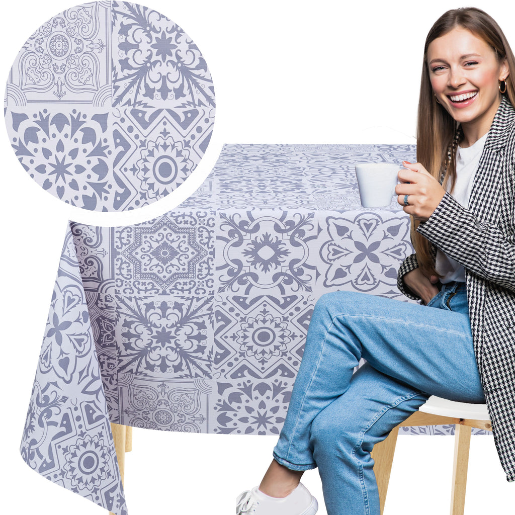 KP Home Grey Timeless Tile Charm Pattern PVC Tablecloth – 200x137cm & 137x137cm Wipe Clean Waterproof Oilcloth for Indoor & Outdoor Use
