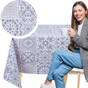 KP Home Grey Timeless Tile Charm Pattern PVC Tablecloth – 200x137cm & 137x137cm Wipe Clean Waterproof Oilcloth for Indoor & Outdoor Use
