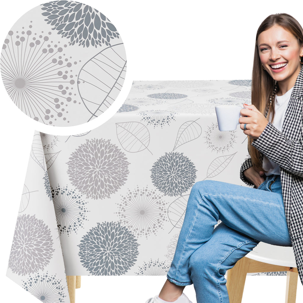 KP HOME Light Grey Wipe Clean Tablecloth with Modern Floral & Leaf Pattern, Waterproof Soft Touch Vinyl Oil Cloth for Kitchen or Outdoor