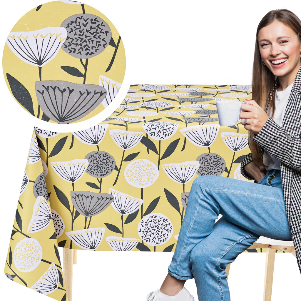 KP Home Yellow Sunlit Blossom Wipe Clean Tablecloth  PVC Tablecloth – 200x137cm & 137x137cm Wipe Clean Waterproof Oilcloth for Indoor & Outdoor Use