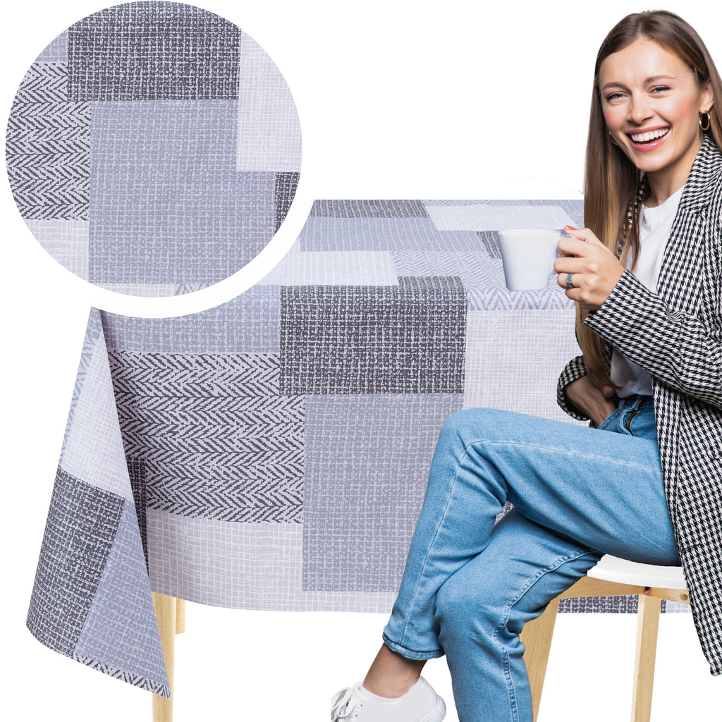 KP Home Grey Textured Patchwork Pattern  PVC Tablecloth – 200x137cm & 137x137cm Wipe Clean Waterproof Oilcloth for Indoor & Outdoor Use