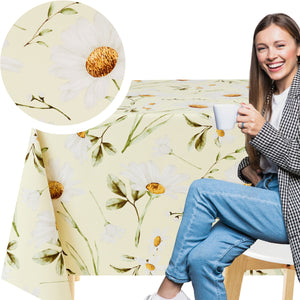 KP HOME Pastel Green PVC Wipe Clean Table Cloth with Countryside White Daisy Floral Print - Waterproof Premium Soft Touch Tablecloth